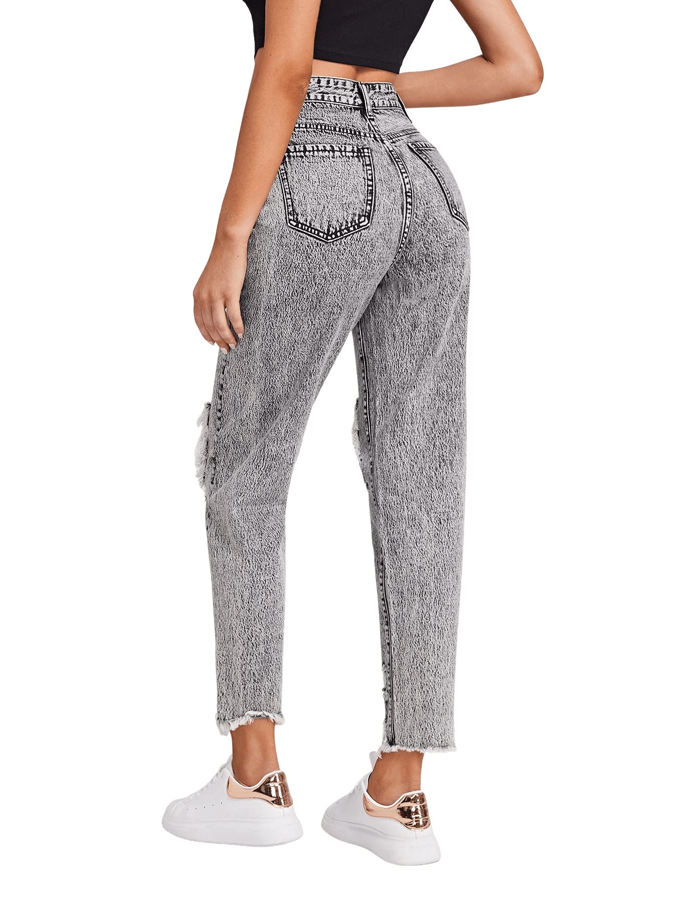 SweatyRocks Women's High Waist Ripped Jeans - Distressed Raw Hem Denim Pants for Casual Wear & Street Style | Trendy Vintage Look for Everyday Outfits & Night Out