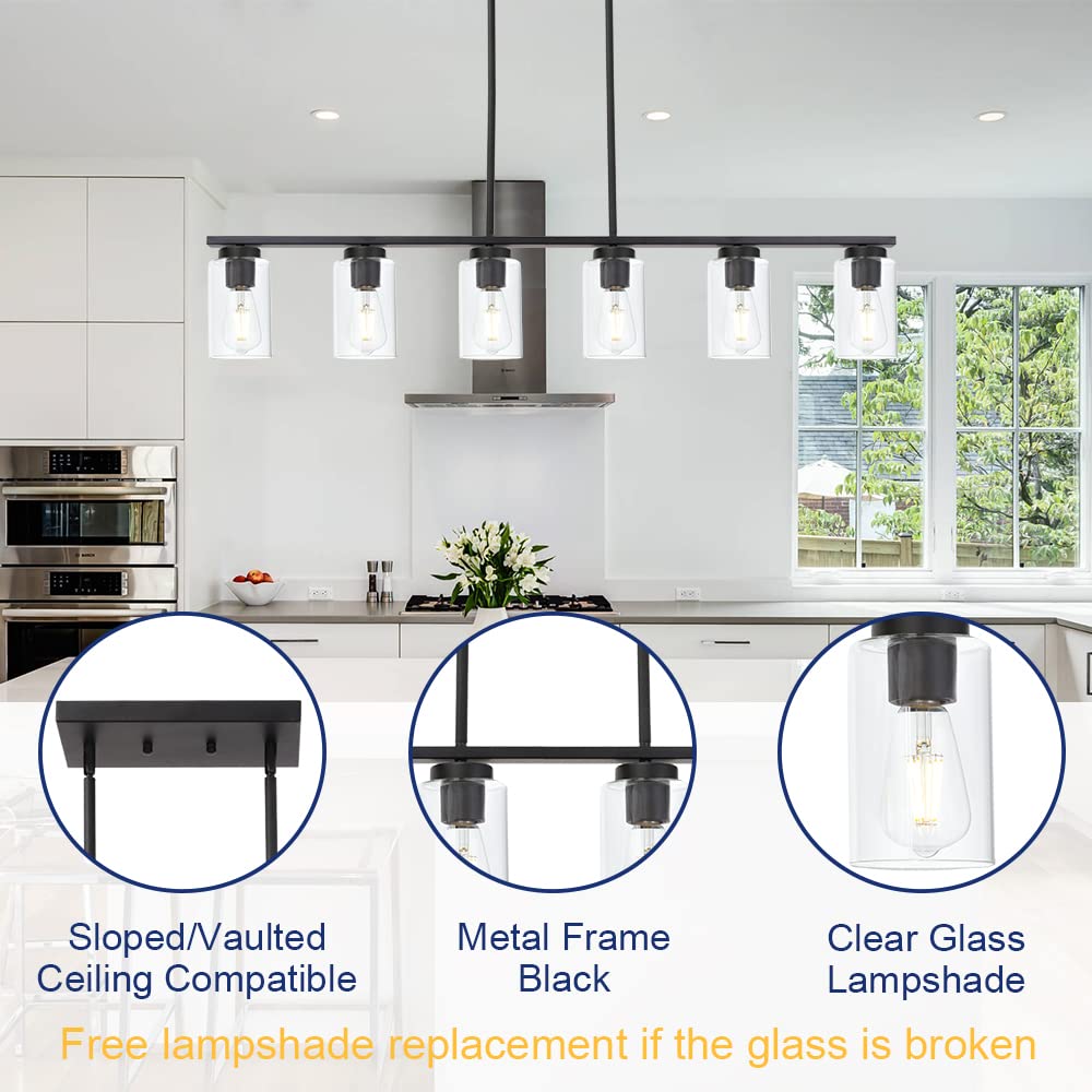 Black 6-Lights Kitchen Island Pendant Lighting with Clear Glass Shades - Farmhouse Style Hanging Light Fixture for Dining Room, Living Room & Kitchen Island - Perfect for Rustic Home Decor and Modern Farmhouse Interiors