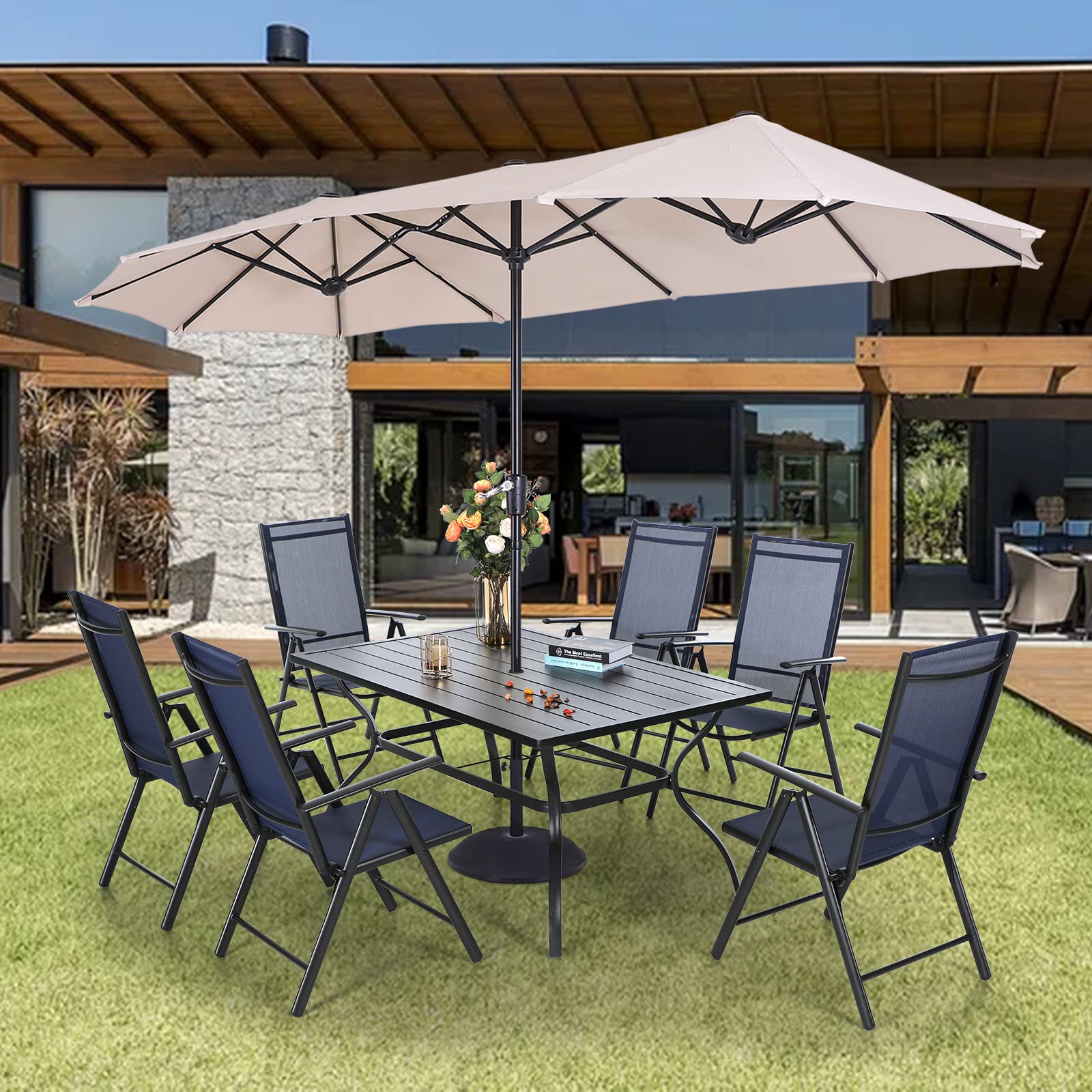 Sophia & William 7-Piece Outdoor Patio Dining Set with 13ft Beige Umbrella - 6 Folding Chairs & Rectangular Metal Table with Blue Sling Chairs - Perfect for Backyard BBQs, Poolside Gatherings & Garden Dining