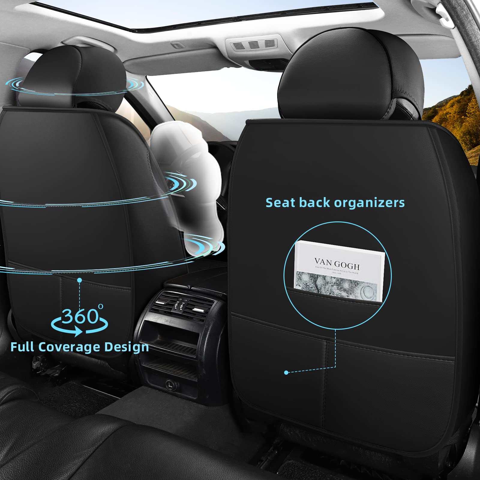 Premium Leather Car Seat Covers Full Set - Universal Fit for 5 Seats, Airbag Compatible & Durable Protection (Black & Blue) | Perfect for SUVs, Sedans & Family Vehicles