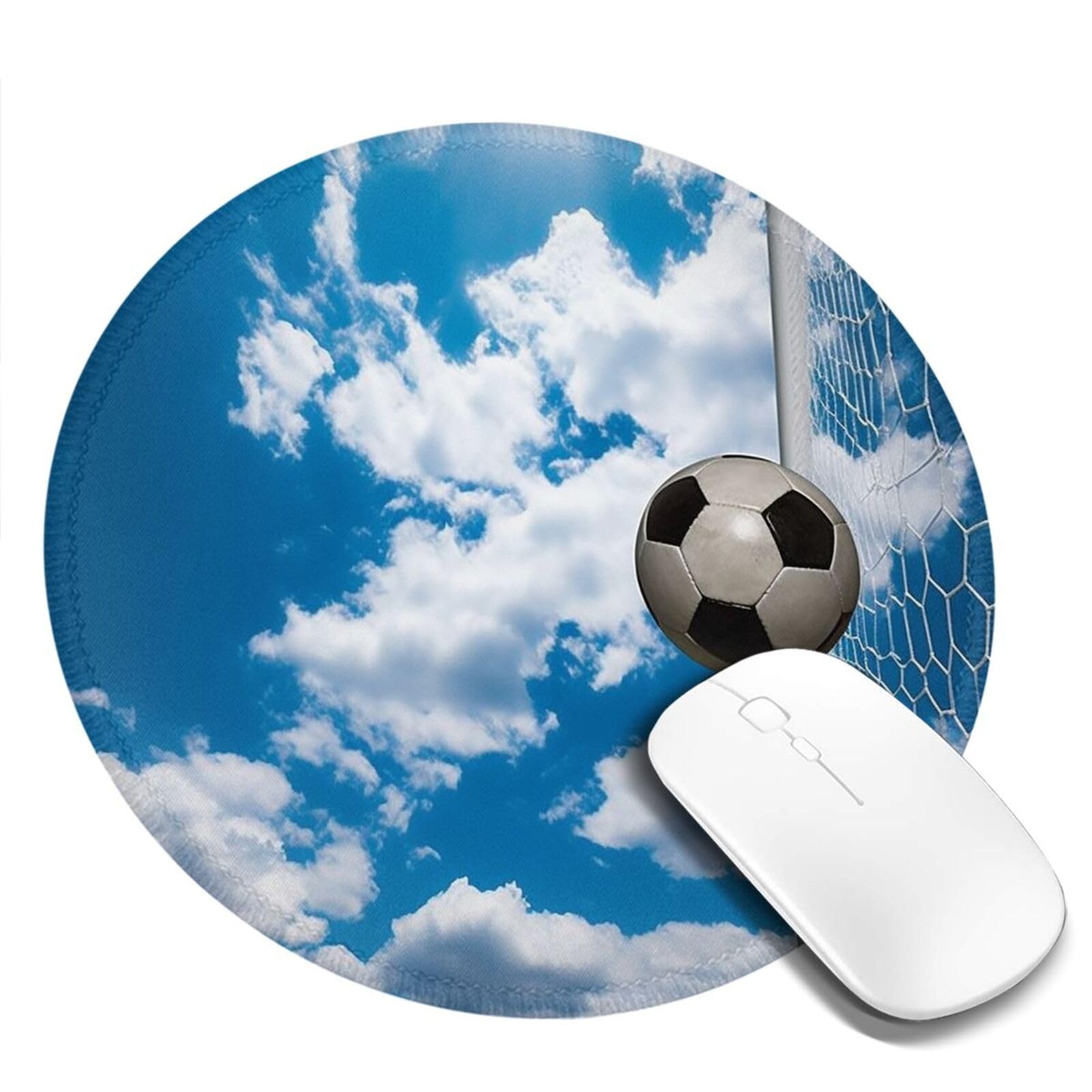 Non-Slip Football Blue-Sky Print Round Gaming Mouse Pad with Durable Stitched Edges - Ergonomic Rubber Base for PC, Laptop & Office Use - Perfect for Gamers, Work & Home Decor