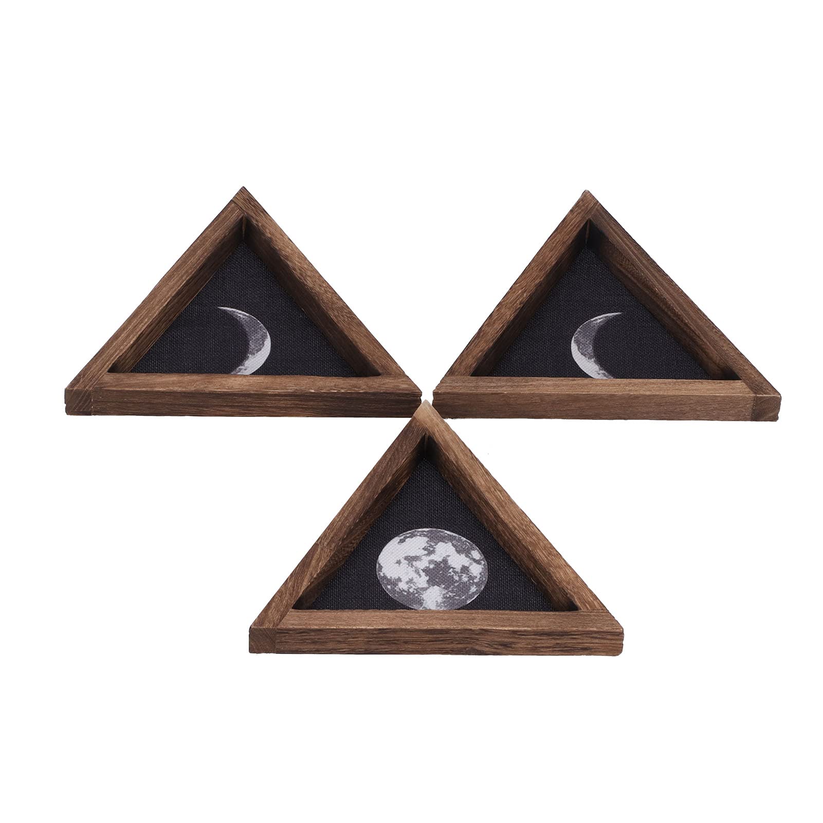 No-Drill Triangular Wall Moon Decor Set of 3 - Natural Pine Wood & Linen Wall Art for Living Room, Bedroom, Home Office - Perfect Boho Home Decor & Unique Wall Hanging for Modern Spaces