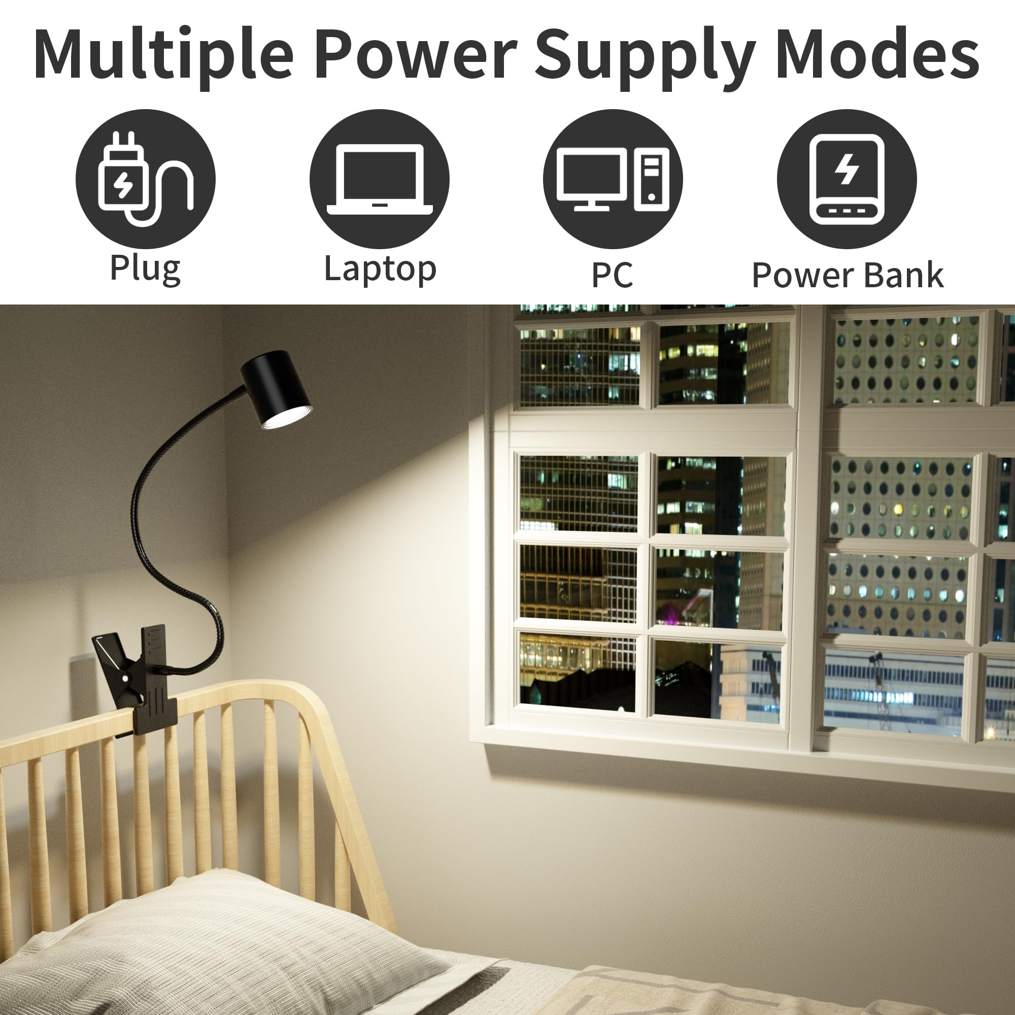 Dott Arts USB Clip On Desk Lamp - 3 Color Modes & 10 Brightness Levels, 360° Adjustable Gooseneck LED Reading Light for Home Office, Study, Bedroom Headboard - Eye-Caring Black Task Light for Work, Reading & Night Use