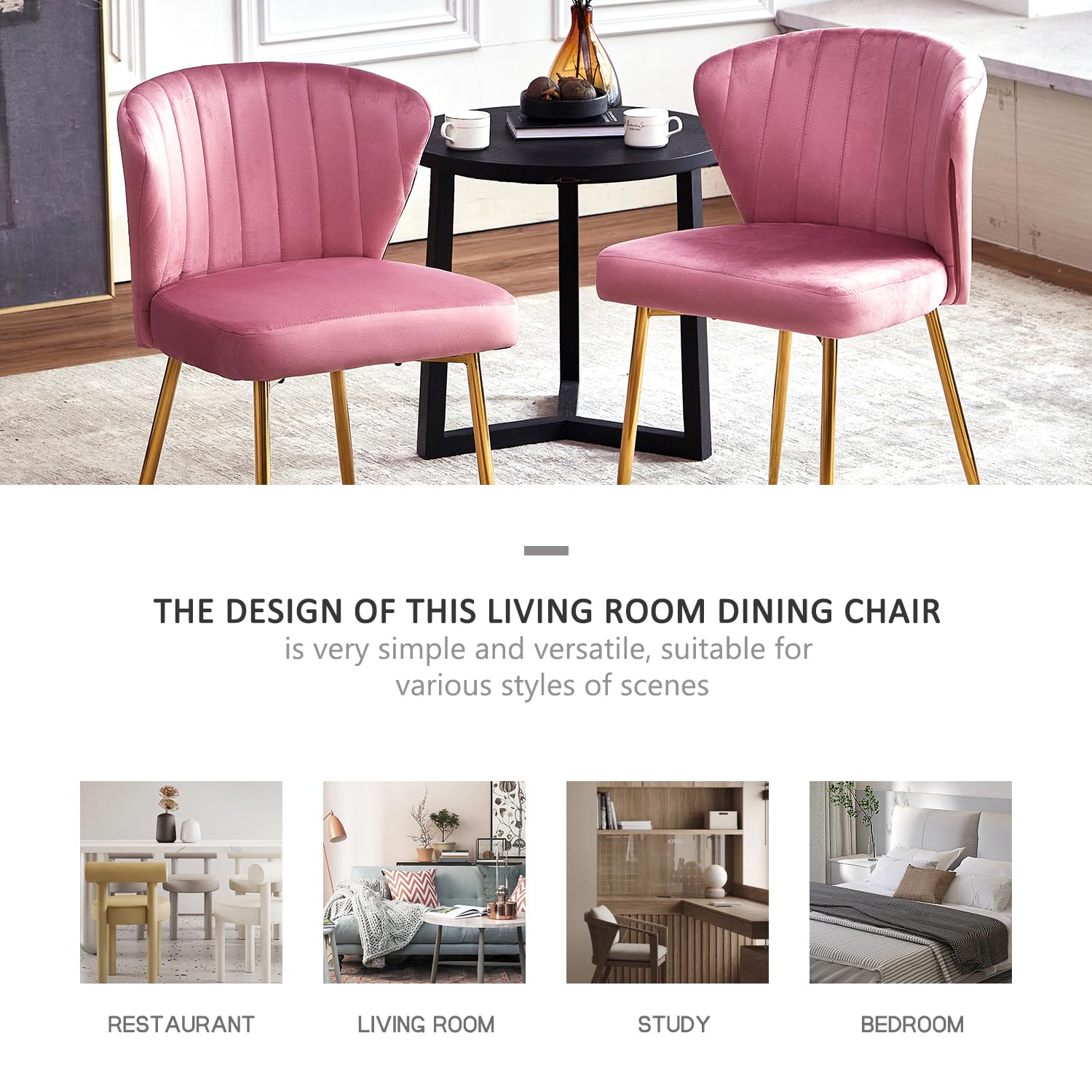 Luxury Velvet Dining Chairs Set of 4 - Tufted Upholstered Mid Century Modern Chairs with Golden Metal Legs for Dining Room, Kitchen, Living Room (Pink) | Elegant Home Decor & Dinner Party Seating