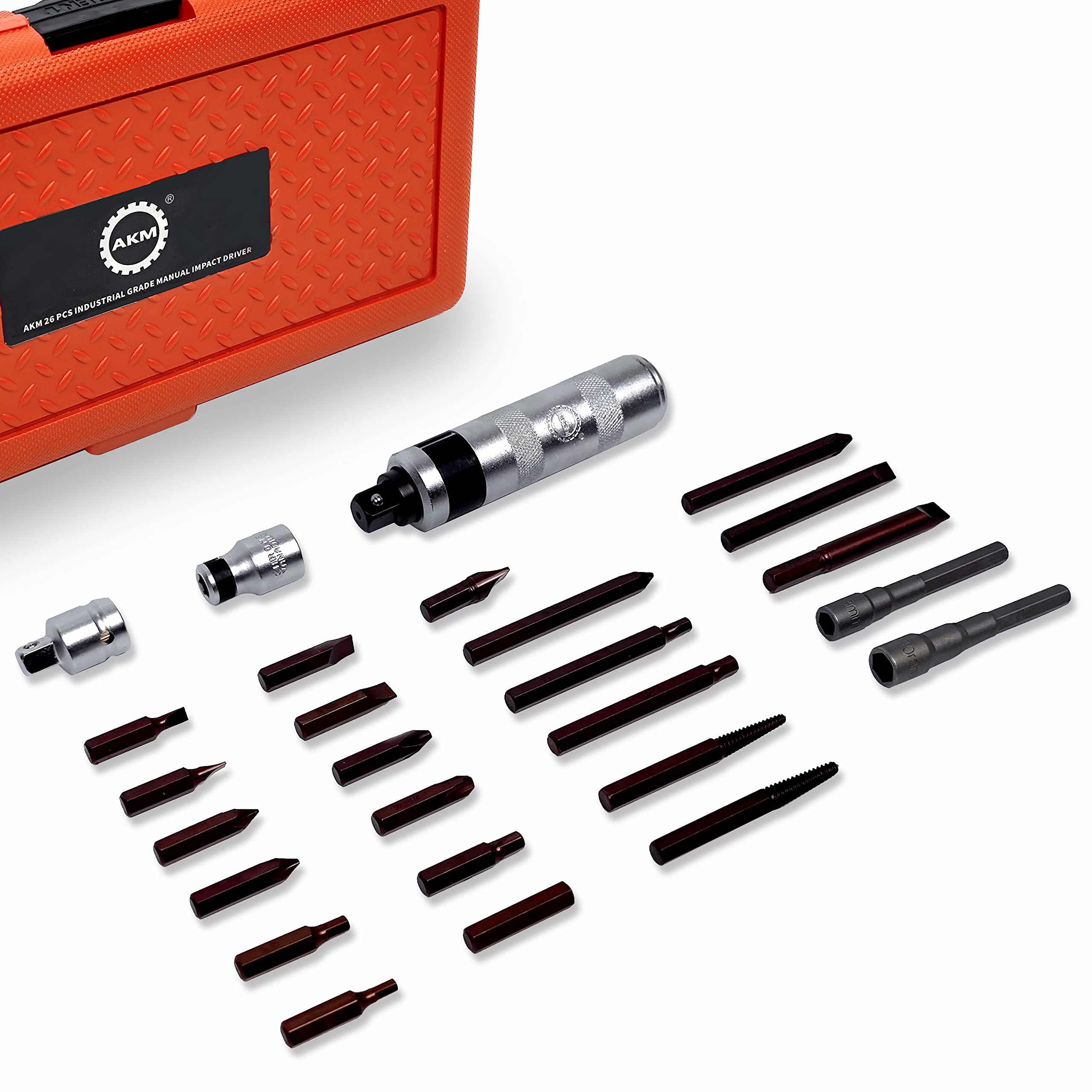 AKM 26-Piece Reversible Impact Driver Set - S2 Steel Hex & Phillips Screwdriver Bits for Rusted Fasteners & Frozen Bolts | Durable Hand Tool for Automotive Repair, Construction & DIY Projects