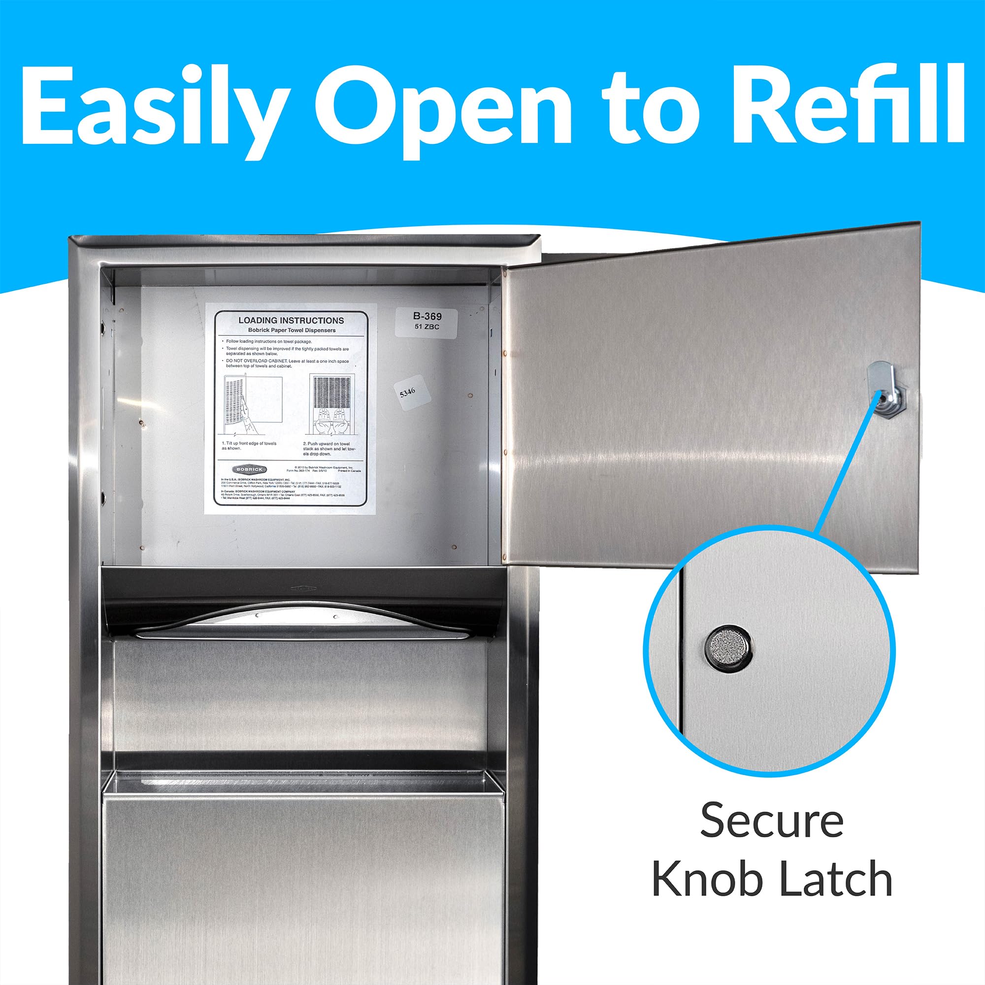 BOBRICK 369 Classic Series Stainless Steel Recessed Paper Towel Holder with 2-Gallon Trash Bin - 28