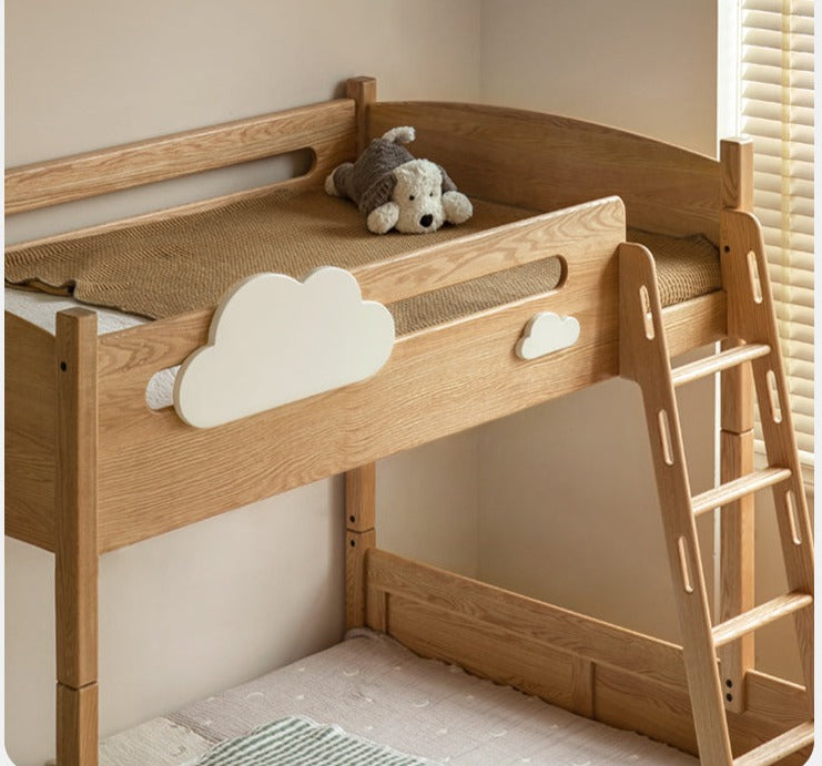 Solid Oak Wood Multi-Functional Bunk Bed with Ladder & Guardrails - Space-Saving Kids Bedroom Furniture for Siblings or Sleepovers