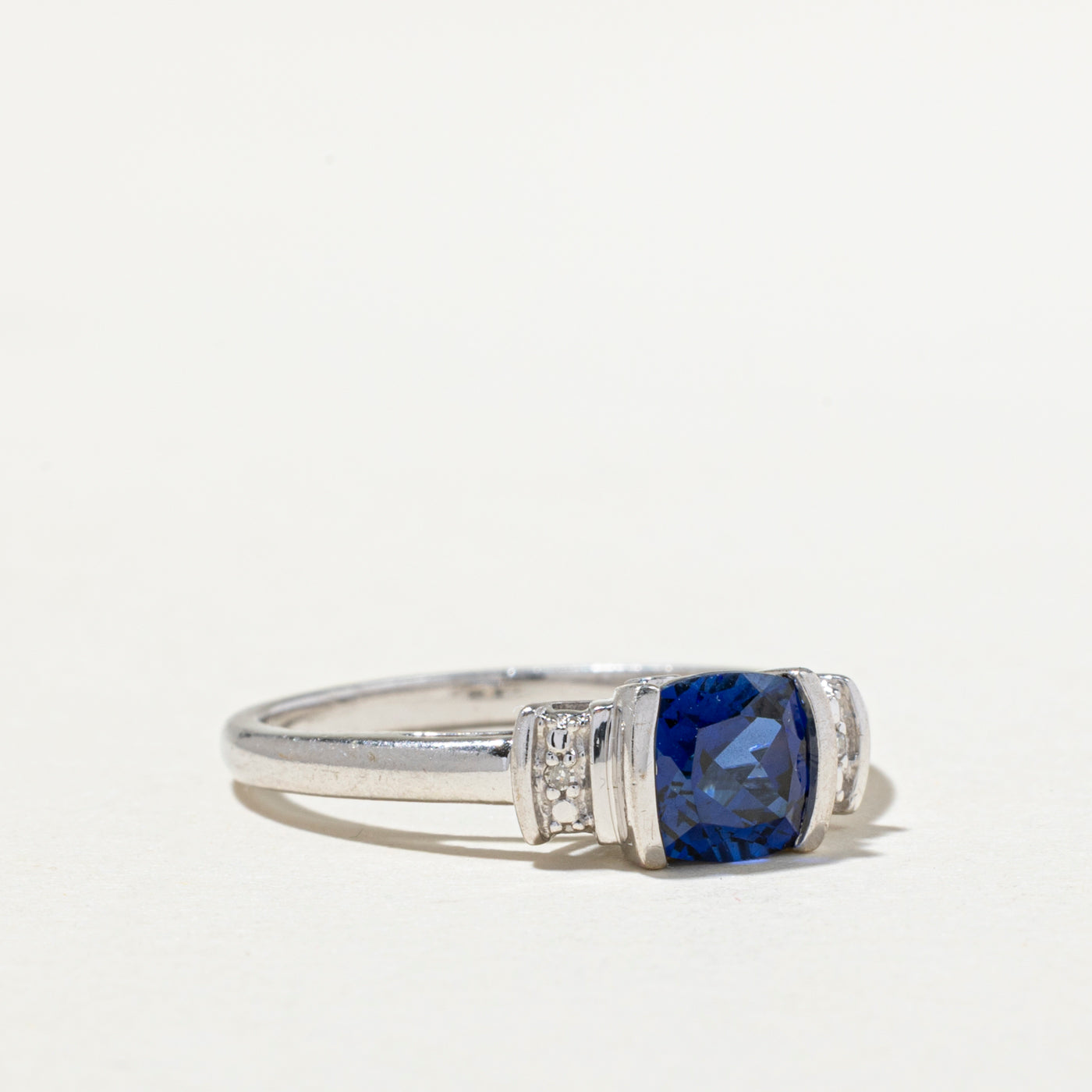Sterling Silver Synthetic Sapphire & Natural Diamond Ring - 1.00ct Sapphire with 0.01ctw Diamonds - Size 7.5 - Elegant Wedding, Engagement & Anniversary Jewelry Gift for Women
