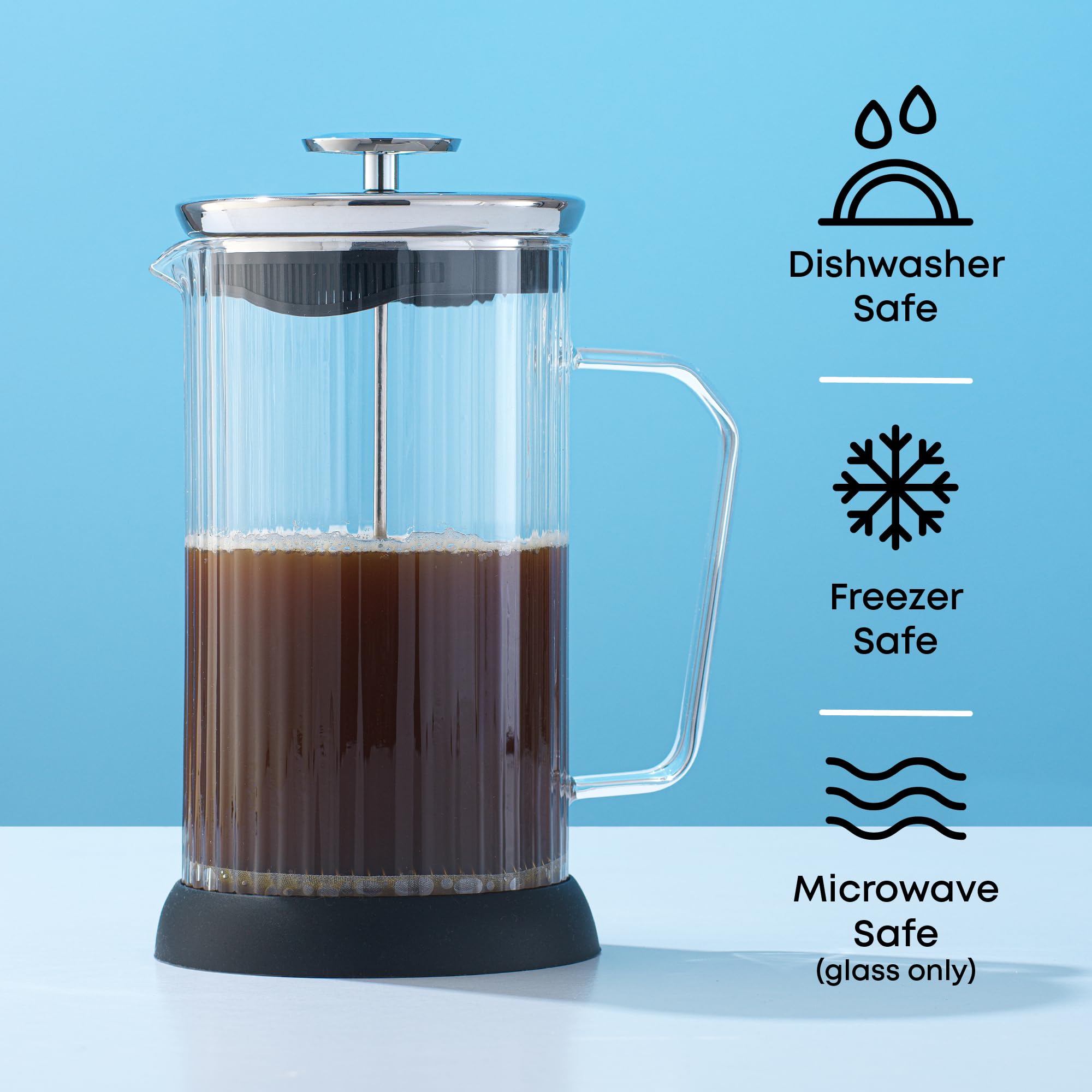 JoyJolt Fluted French Press Coffee & Tea Maker Set - 33.8oz Stainless Steel & Borosilicate Glass - Portable Cold Brew & Hot Coffee Maker for Home, Office, Camping & Travel