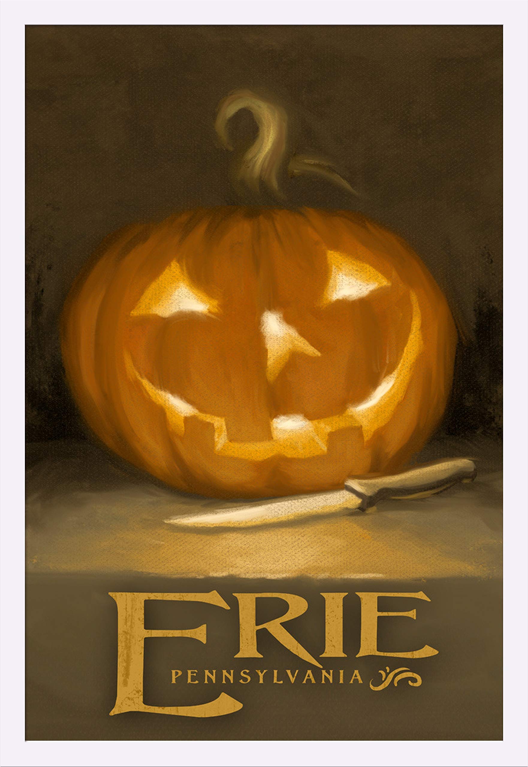 Halloween Jack-O-Lantern Oil Painting - Erie Pennsylvania Landscape Art Print (24x36 Giclee, Gallery Framed in White Wood) - Perfect for Fall Decor & Spooky Home Decorations