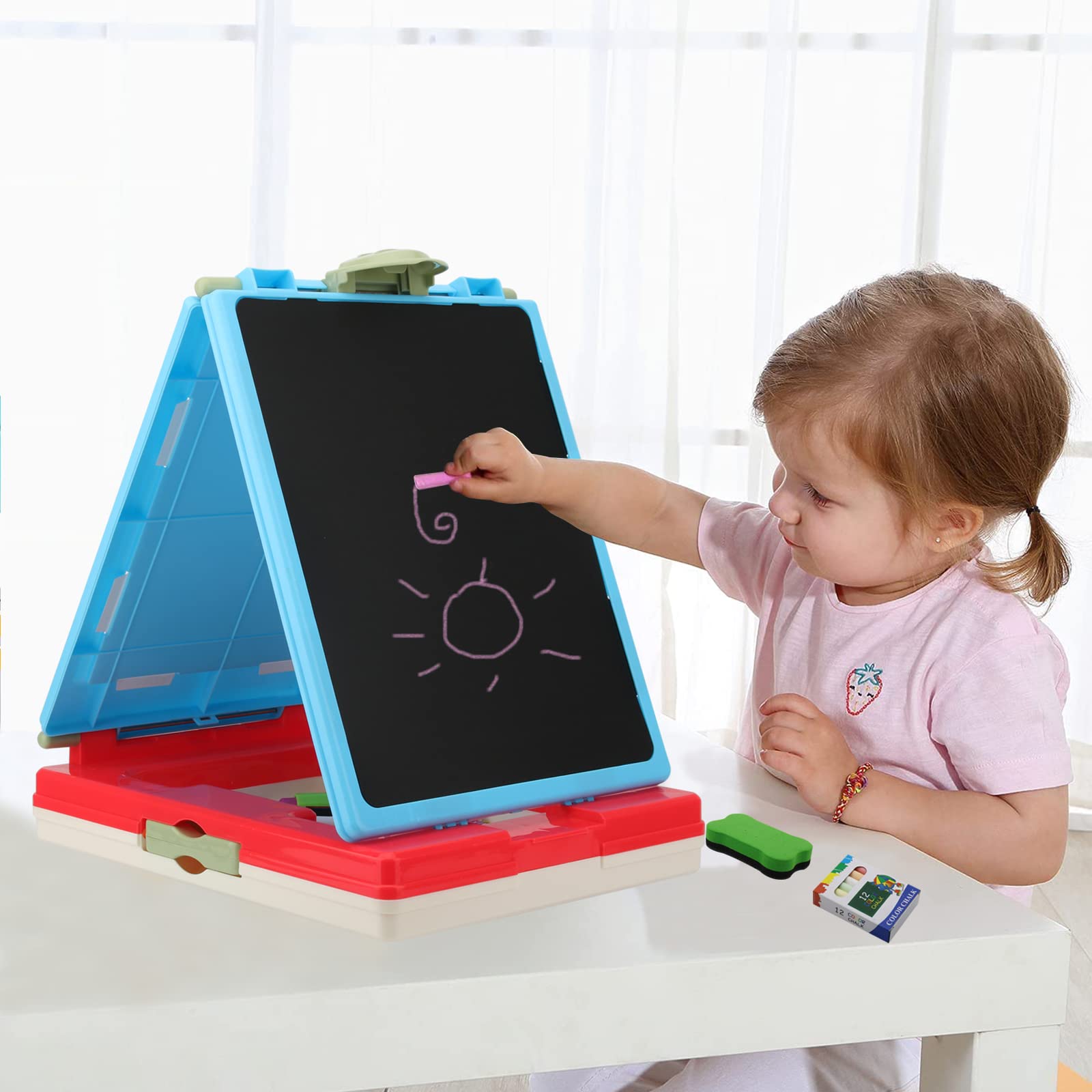 Double Sided Foldable Kids Table Art Easel - Adjustable Chalkboard & Whiteboard Desktop Drawing Stand with Storage Tray | Perfect for Home, Classroom & Travel Art Activities (Red)