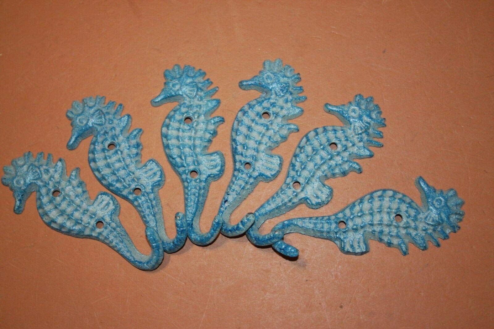 Coastal Blue Seahorse Coat Hooks - Set of 6 Cast Iron Wall Hooks for Beach House Decor, Bathroom, Entryway & Kids Room Organization