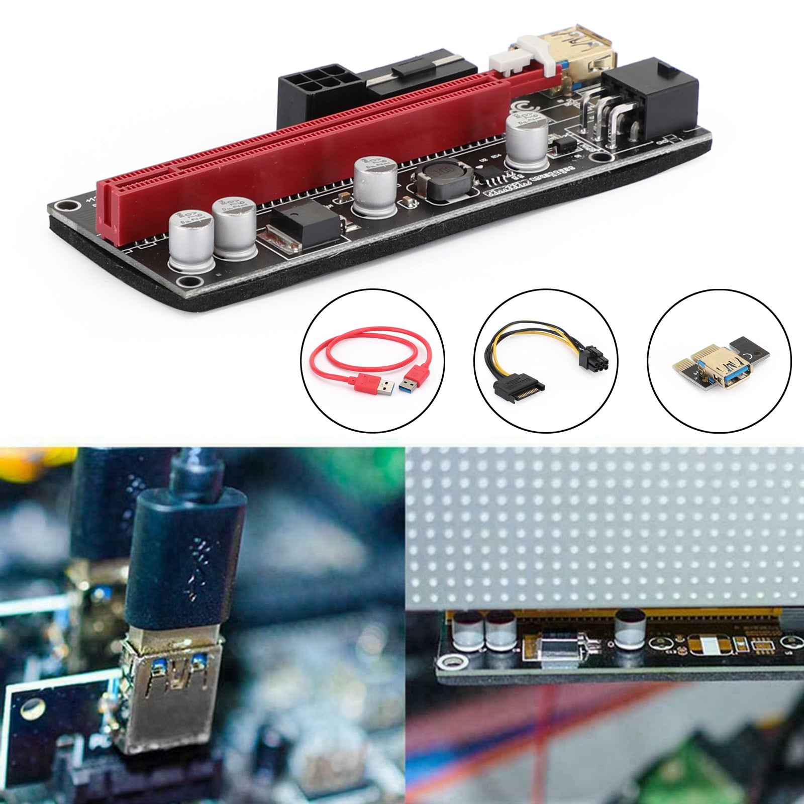 009S Plus PCIe Riser Card - PCI Express 1X to 16X Adapter with USB 3.0 Data Cable for Cryptocurrency Mining, GPU Expansion & PC Builds
