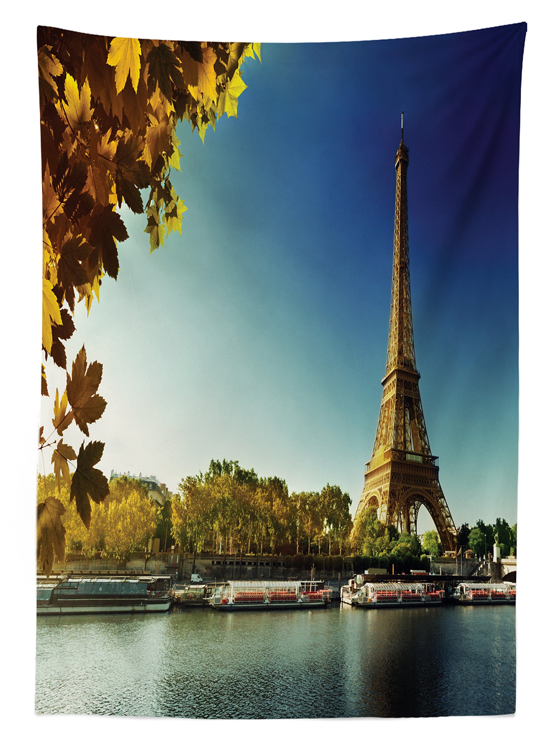 Ambesonne Paris Eiffel Tower Outdoor Tablecloth - Waterproof Washable Picnic Table Cover with Autumn Leaves Riverside Scenery, 58