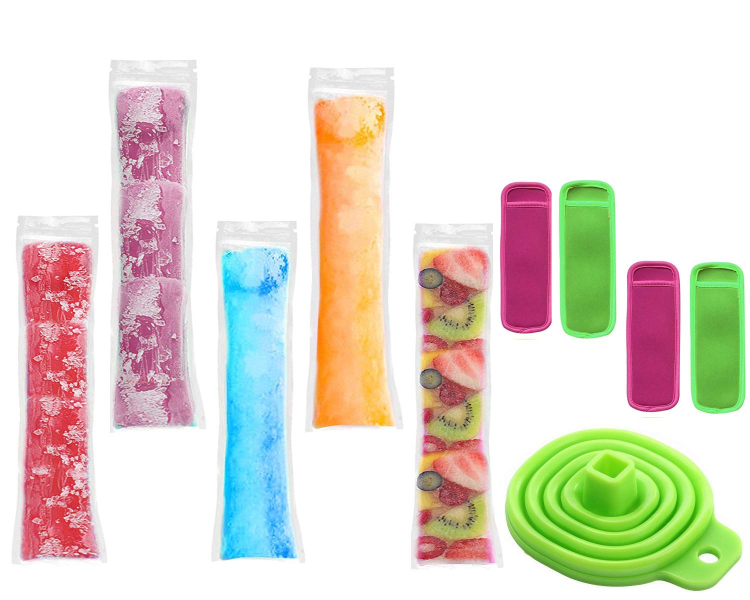 100 Pack Reusable Zip-Top Ice Pop Molds Bags - DIY Disposable Popsicle Maker Kit with 4 Bonus Sleeves & Collapsible Funnel - Perfect for Summer Treats, Kids Snacks, and Party Favors