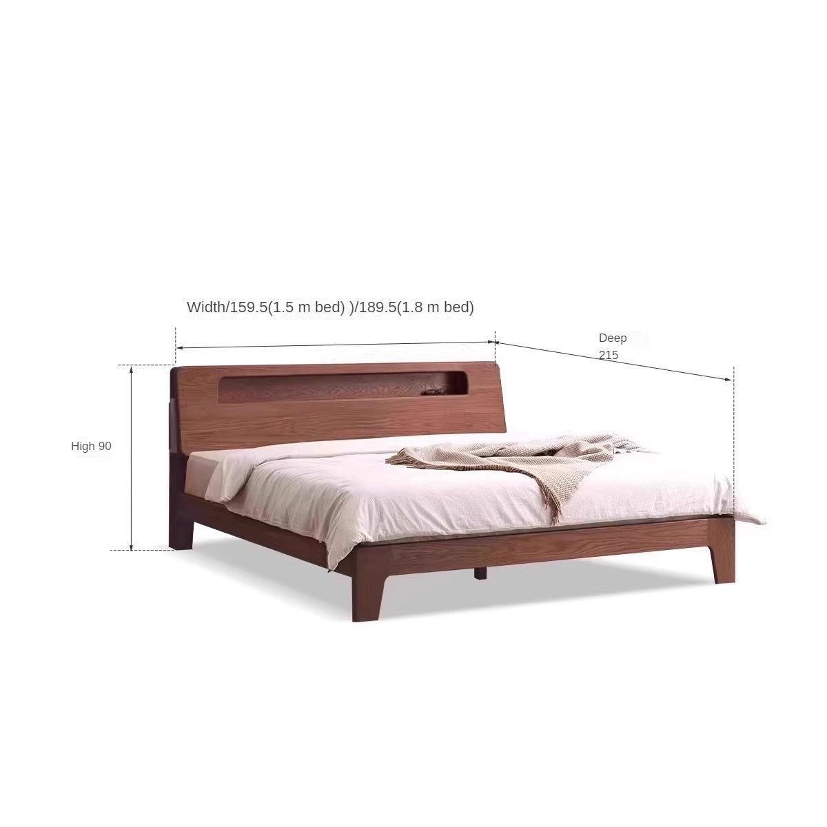 Solid Oak and Beech Wood Bed with Built-in LED Lights and Bookshelf - Modern Bedroom Furniture for Small Spaces, Lofts, and Studio Apartments