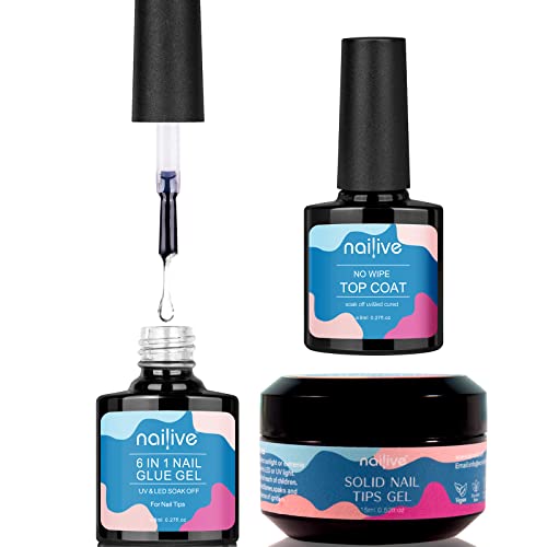 Nailive 7-in-1 Solid Gel Glue for Nail Tips - No Wipe Base & Top Coat, UV/LED Curable for Acrylic Press-On Nails & Rhinestone Nail Art | Perfect for DIY Manicures at Home, Salon & Special Occasions