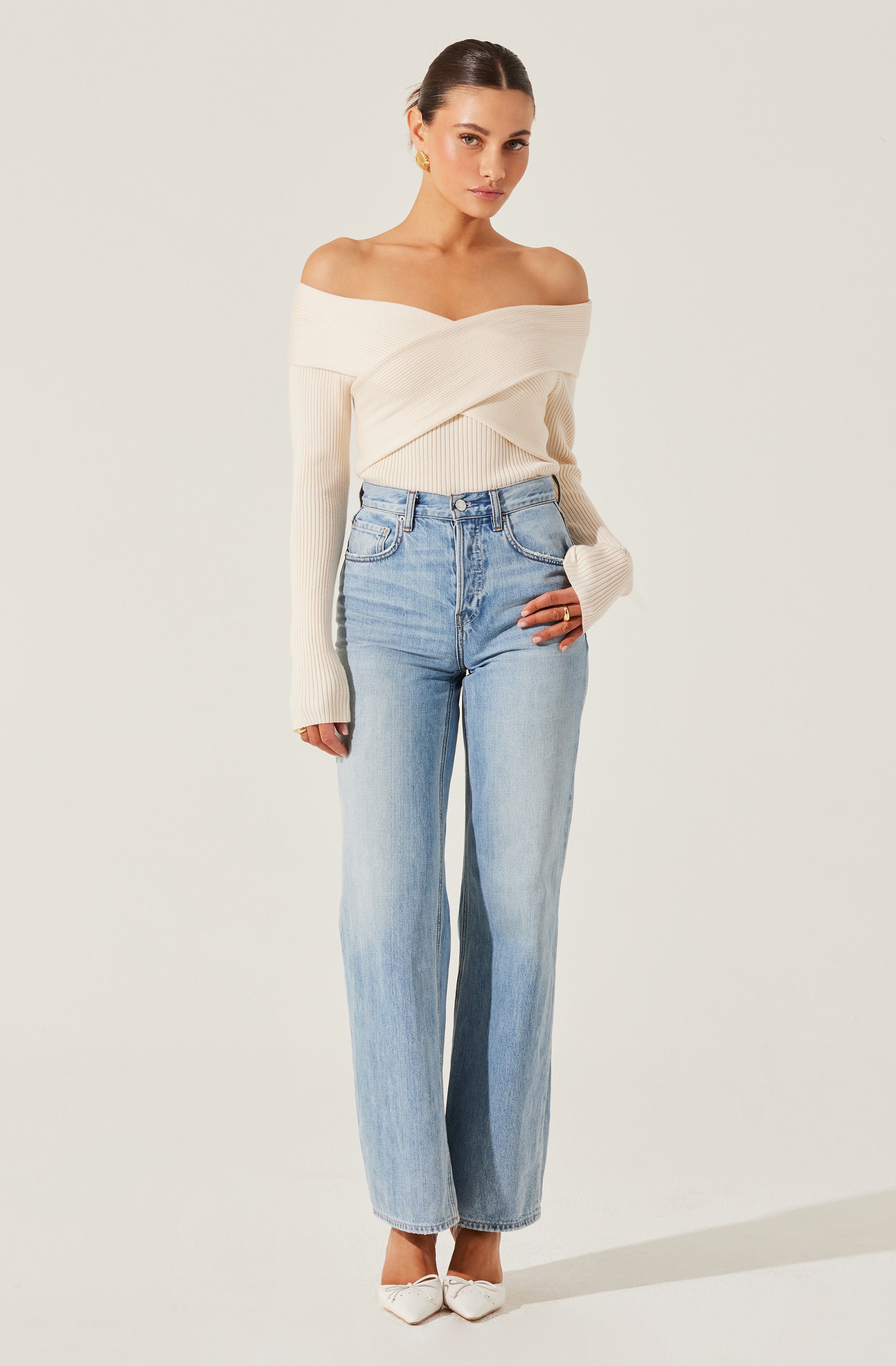Off Shoulder Crossover Sweater Women's Fashion - Casual Knit Pullover for Fall & Winter - Perfect for Date Night, Office Wear & Weekend Outfits