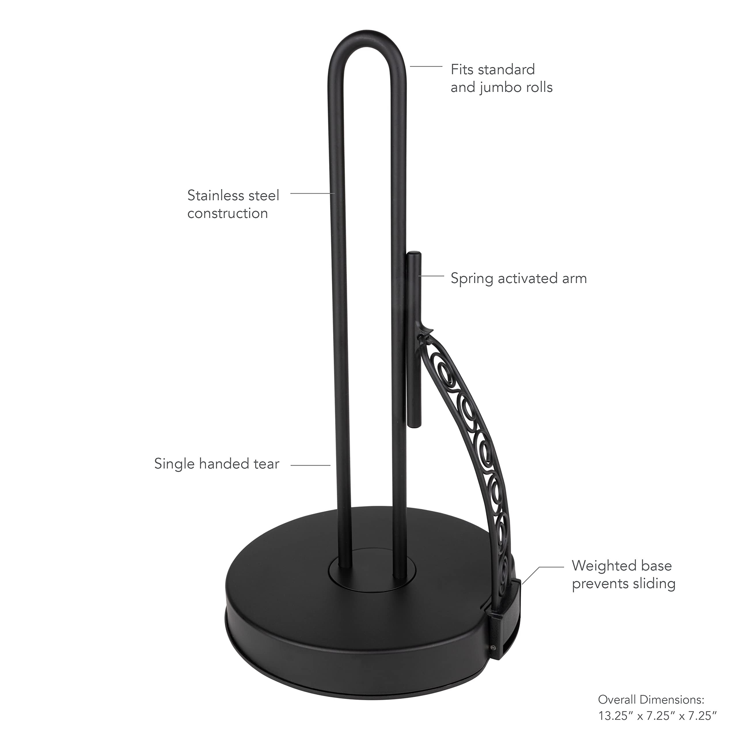 Black Scroll Tension Paper Towel Holder for Kitchen Counter, Pantry, Laundry & Bathroom - Space Saving Storage Organizer for Home, Apartment & RV - Perfect for Easy Paper Towel Access While Cooking or Cleaning