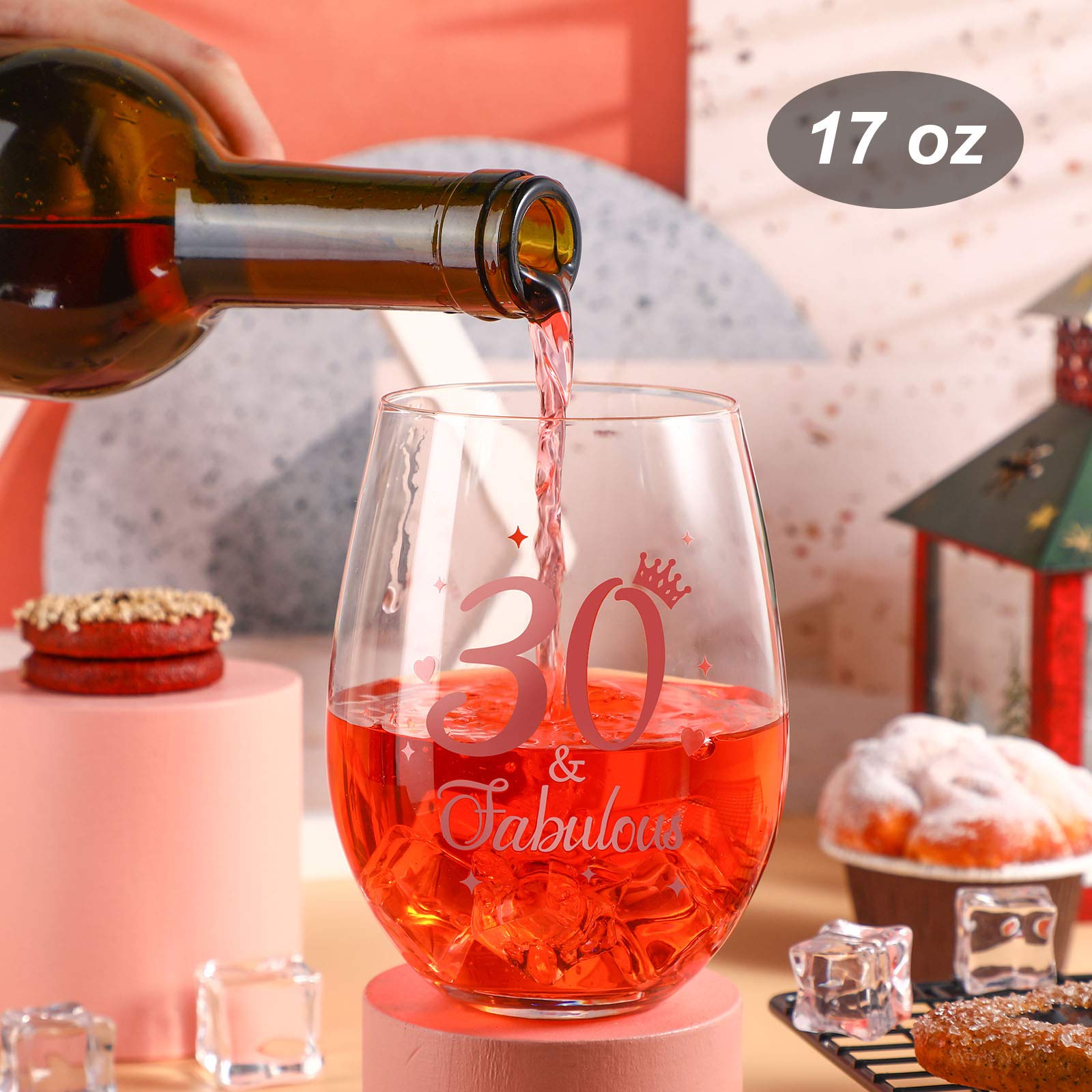 Rose Gold Stemless Wine Glass Set - 17 oz Elegant Tumblers for Men & Women, Perfect for Birthday Party, Wedding Anniversary, Bridal Shower & Home Decor - Ideal Gift for Her & Him (30 and Fabulous Design)