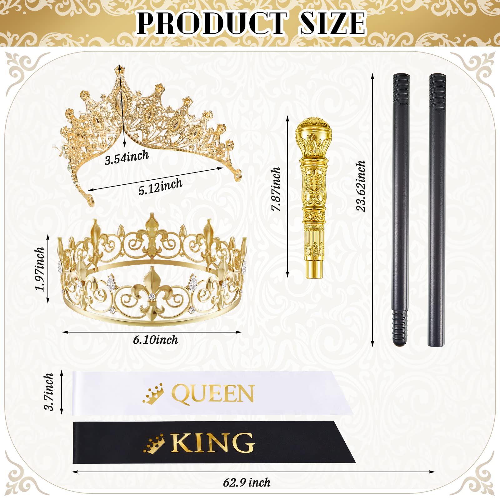 Zhanmai 6 PCS Prom King & Queen Crown Set with Walking Canes & Sashes - Perfect for Halloween Costumes, Graduation Parties, Birthday Celebrations & Royal Theme Events