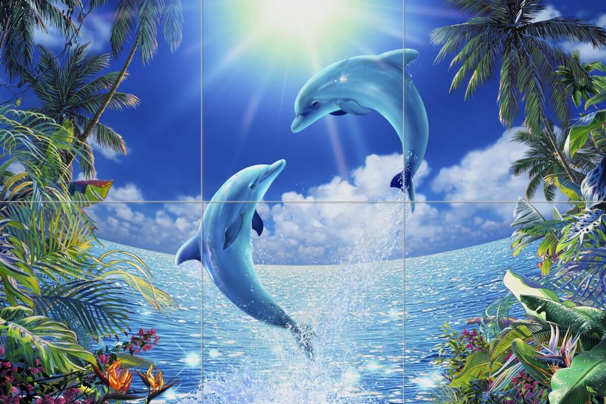 Ceramic Backsplash Tile Mural - Dolphin & Whale Underwater Ocean Scene - Waterproof Kitchen Bathroom Shower Wall Decor - Tropical Beach Theme by Christian Riese Lassen - Perfect for Coastal Home, Spa, or Beach House Renovation