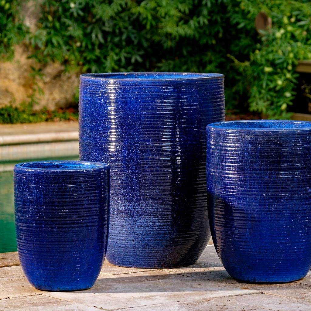 Campania International Riga Planter Set of 3 - Riviera Blue Ceramic Flower Pots for Indoor/Outdoor Garden Decor - Perfect for Patio, Balcony & Home Décor