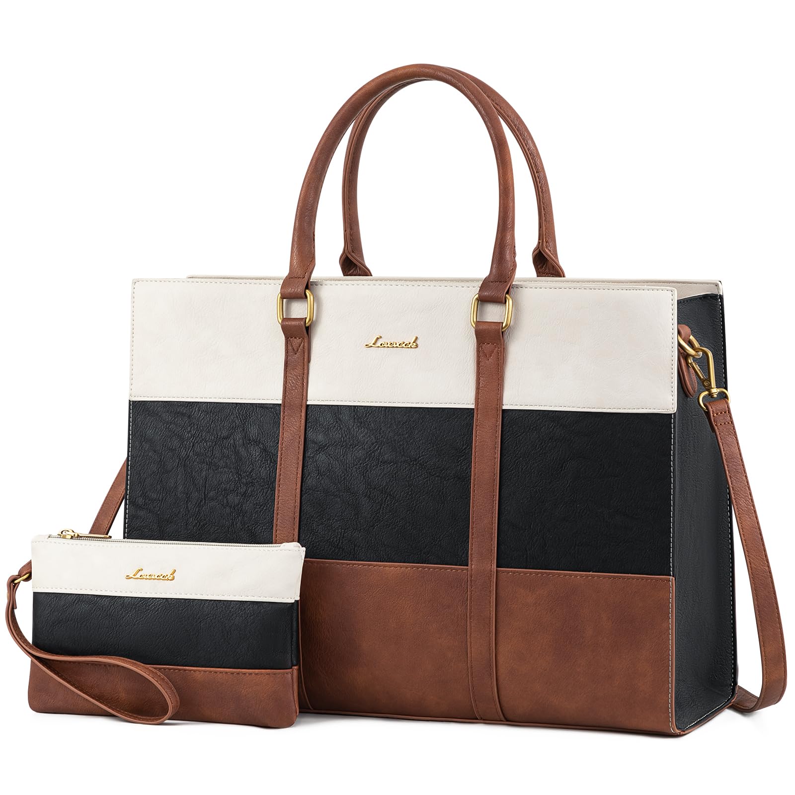 LOVEVOOK Vintage Leather Laptop Tote Bag for Women - 15.6 Inch Waterproof Computer Bag with Clutch Purse, Large Capacity Business Office Briefcase, Perfect for Work, Travel, and Daily Commute