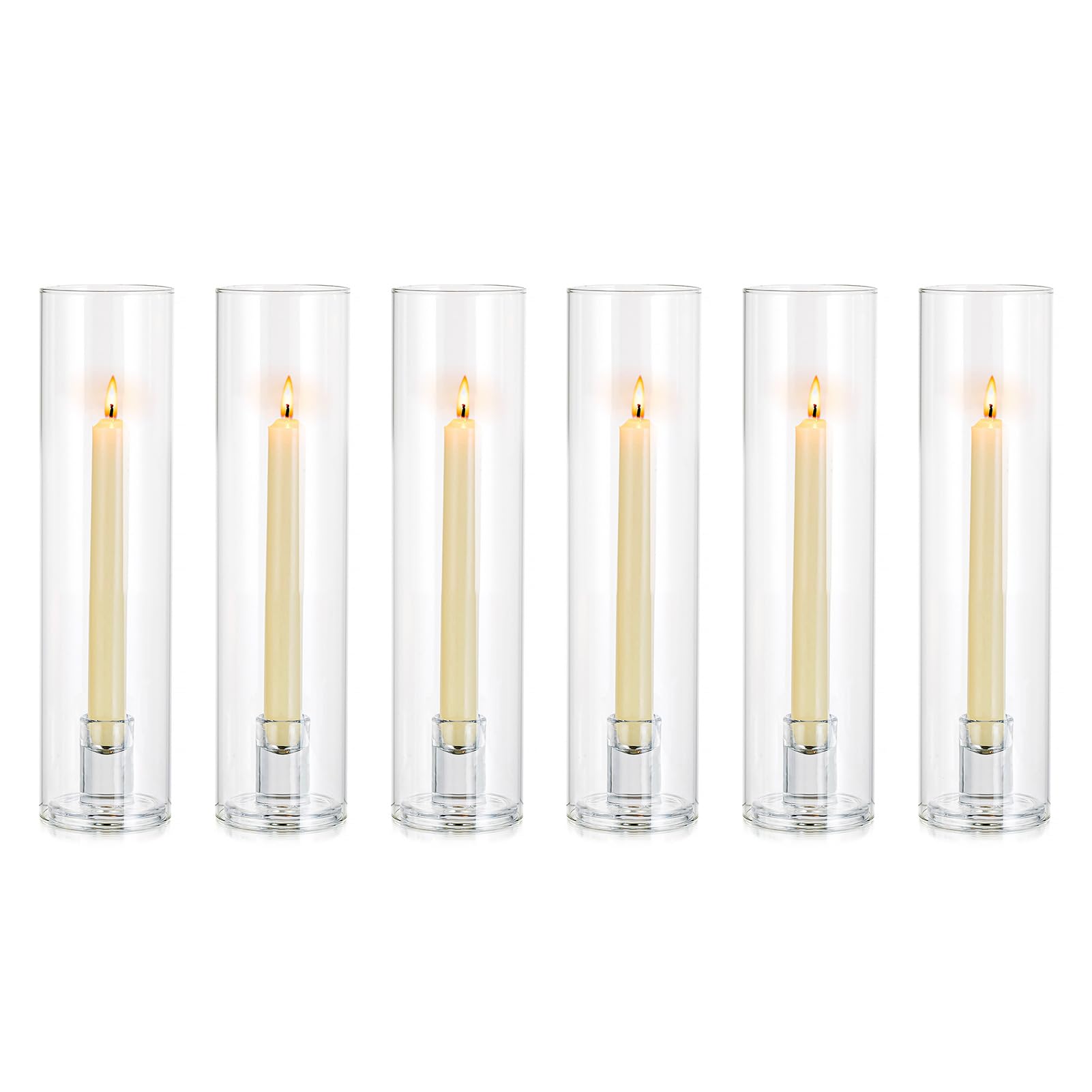 NUPTIO 6-Pack Clear Glass Hurricane Candle Holders - 11.8 Inch Tall Taper Candle Sticks with Chimney Cover for Weddings, Parties & Home Decor - Elegant Centerpiece for Dining Tables, Fireplace Mantels & Romantic Ambiance