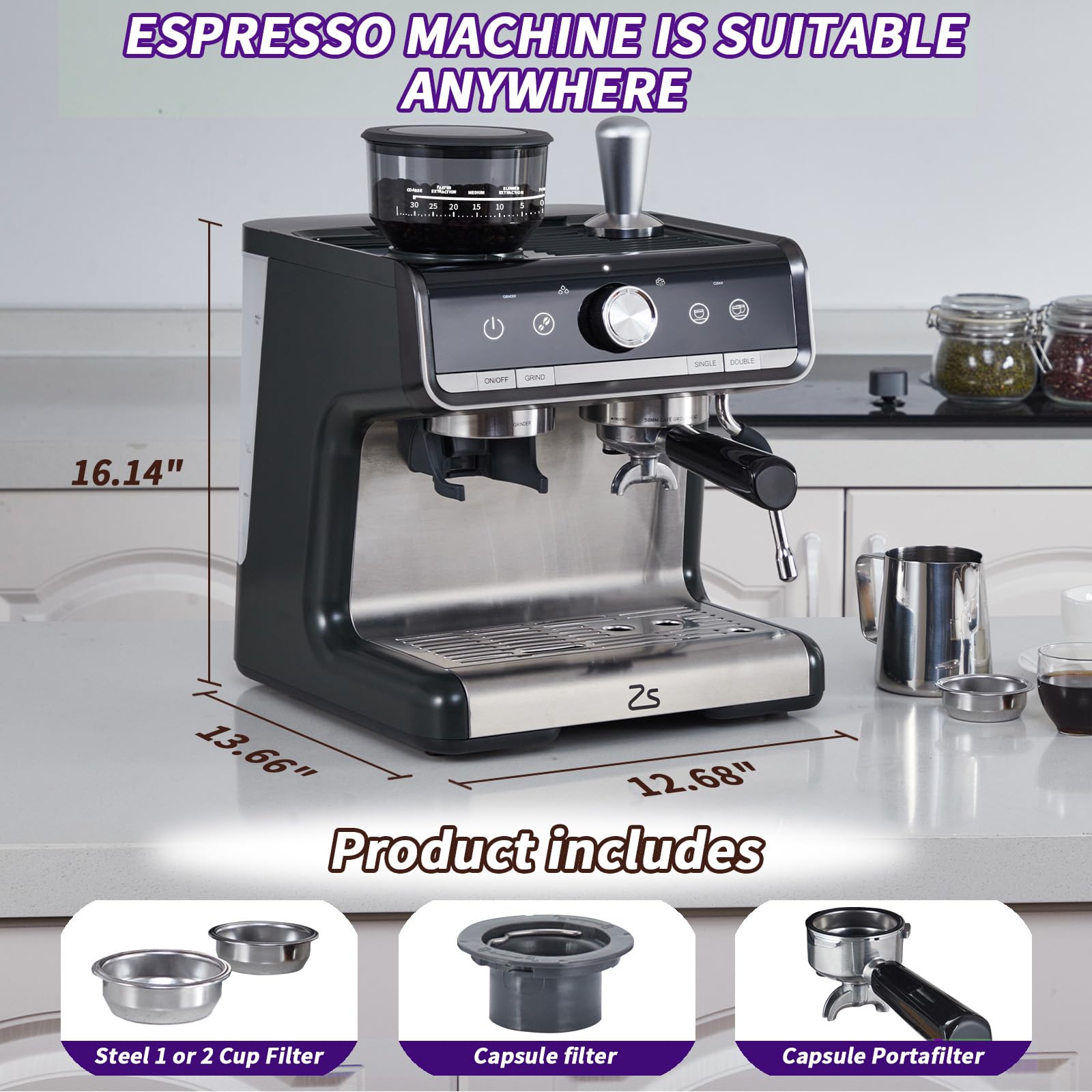 20 Bar Professional Espresso Machine with Built-in Grinder & Milk Frother - Home Coffee Maker for Espresso & Cappuccino with Removable Water Tank - Perfect Gift for Coffee Lovers (Home/Office/Cafe Use)