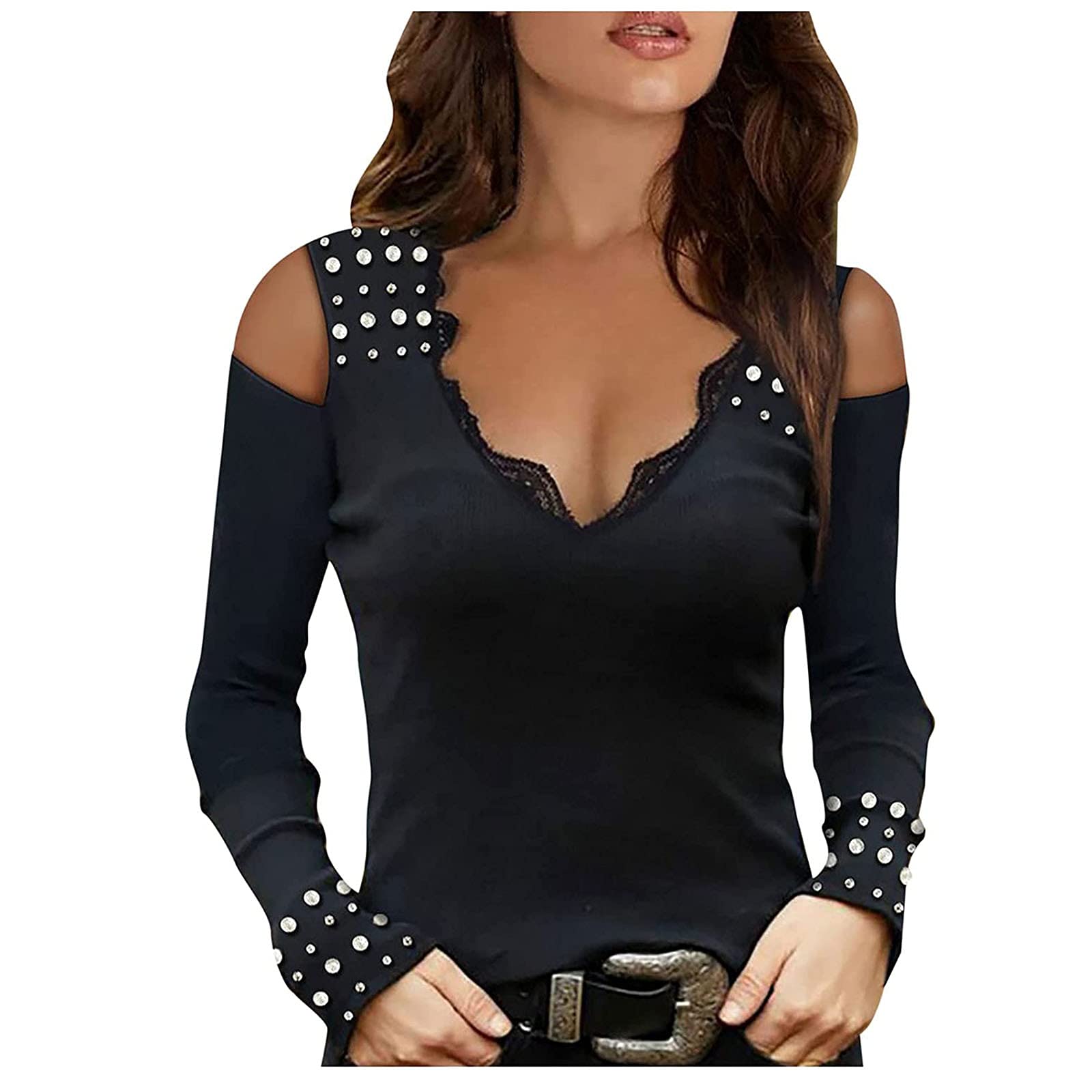 Elegant Women's Lace V-Neck Long Sleeve Tunic Top with Pearl Details - Casual Pullover Blouse for Office, Date Night & Special Occasions