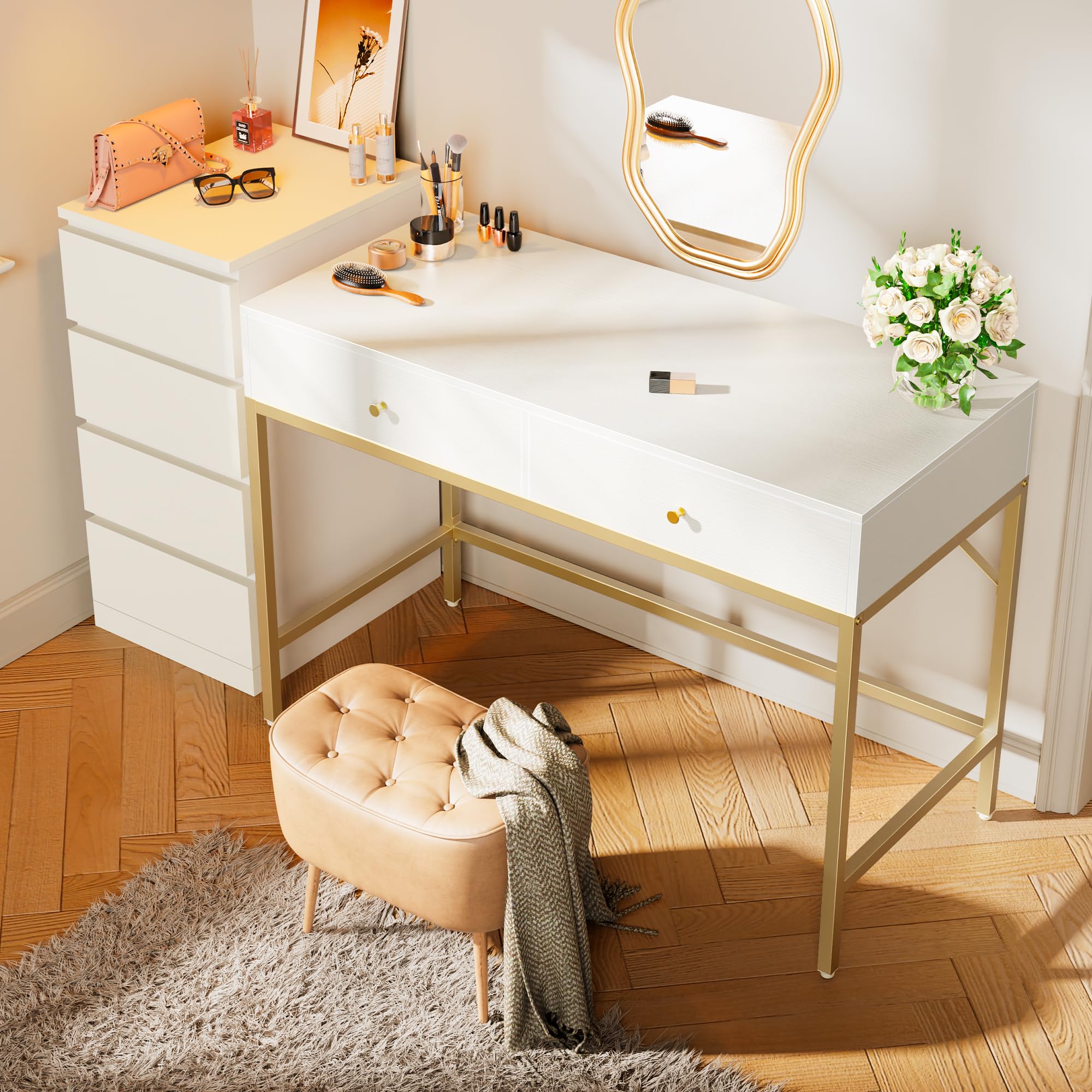 SUPERJARE 47 inch Vanity Desk with Drawers - Modern White & Gold Computer Desk for Home Office, Makeup Dressing Table | Perfect for Bedroom, Small Spaces & Work from Home Setup