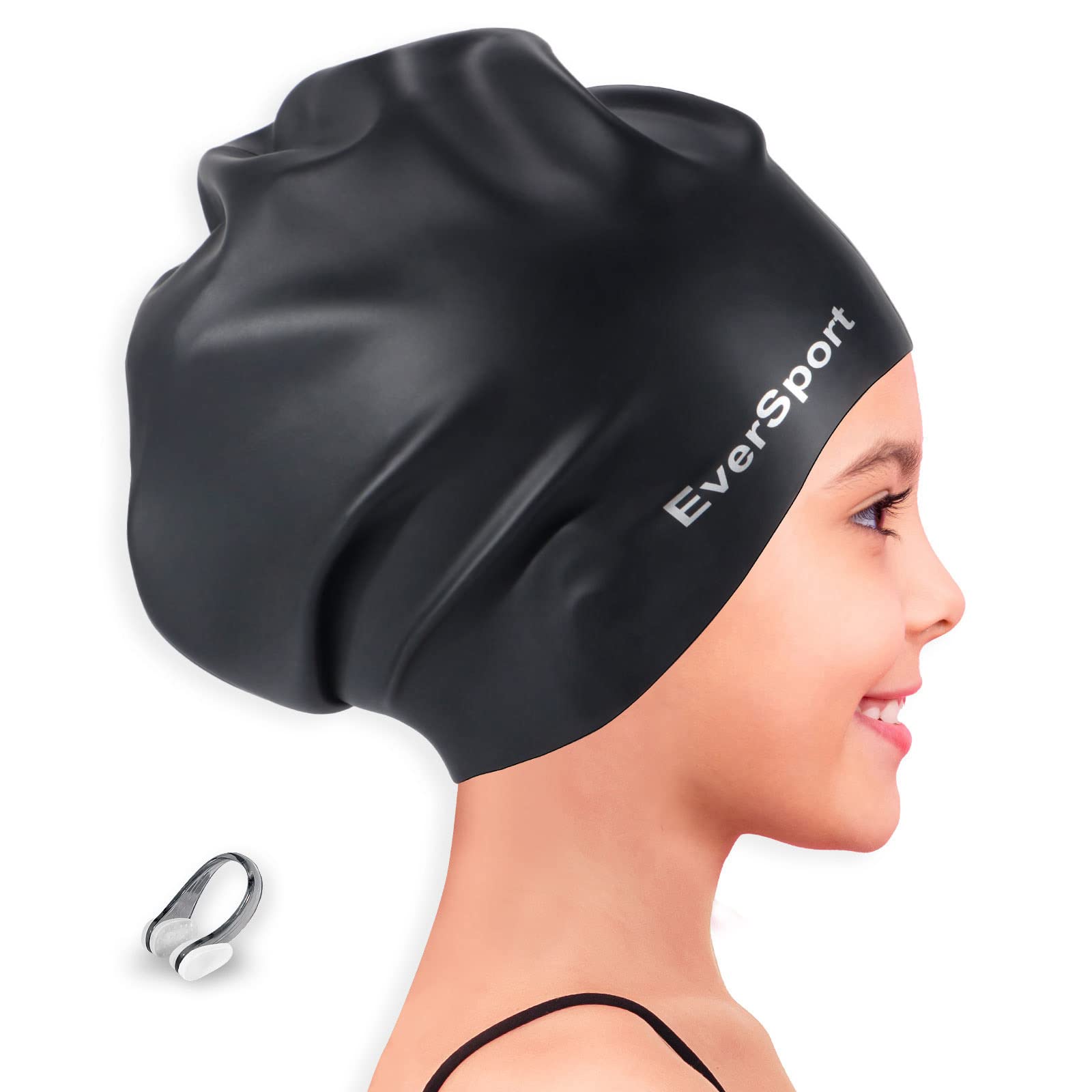 EverSport Kids & Youth Large Swim Cap for Girls 6-14 Years - Silicone Swimming Cap for Long Hair & Braids - Keeps Hair Dry - Perfect for Swimming Lessons, Pool Parties & Beach Activities