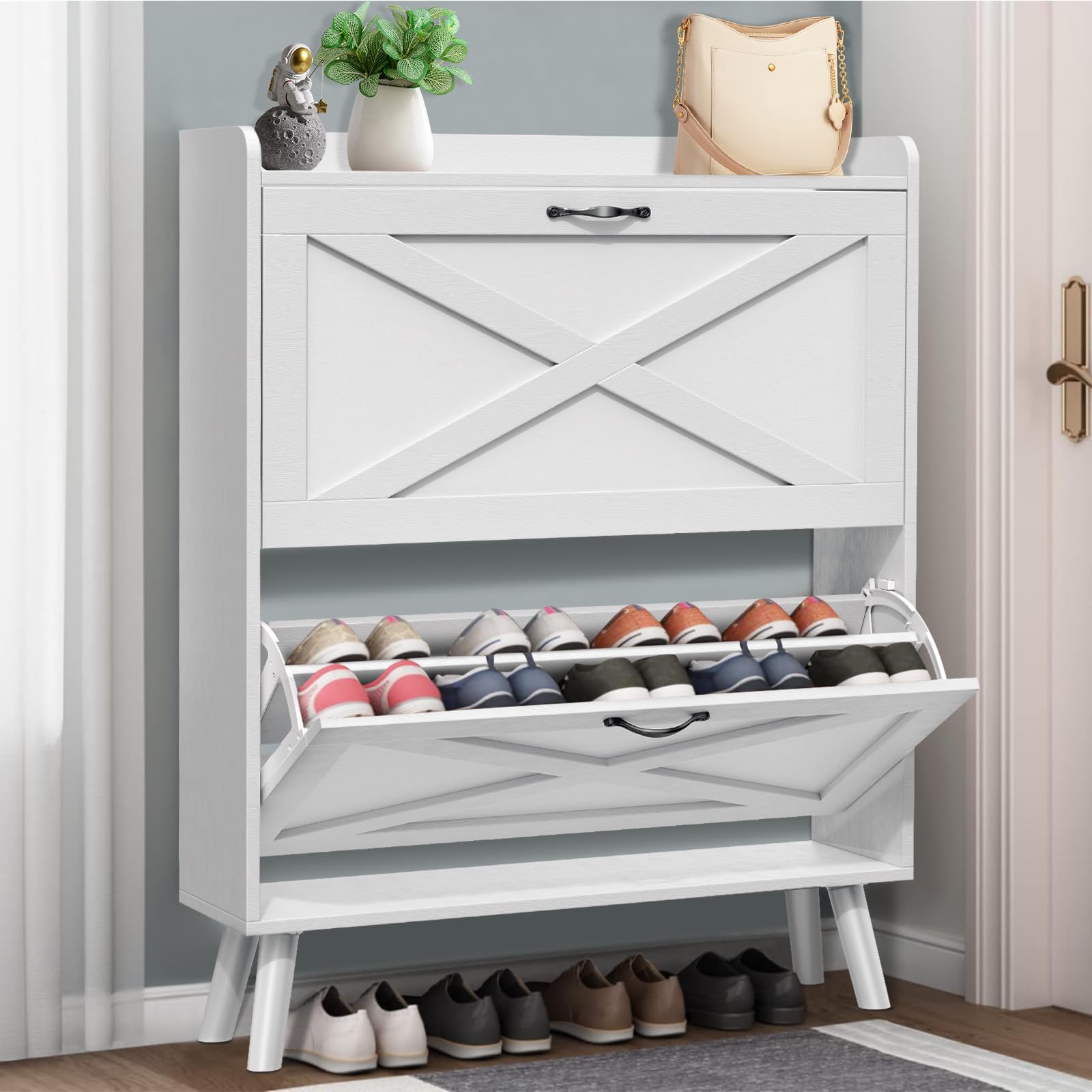 Betterland 2-Tier Flip-Drawer Shoe Storage Cabinet - Freestanding Shoe Organizer Rack for Entryway, Hallway & Living Room - Space-Saving Narrow Design (Large, White) - Perfect for Small Apartments & Closet Organization