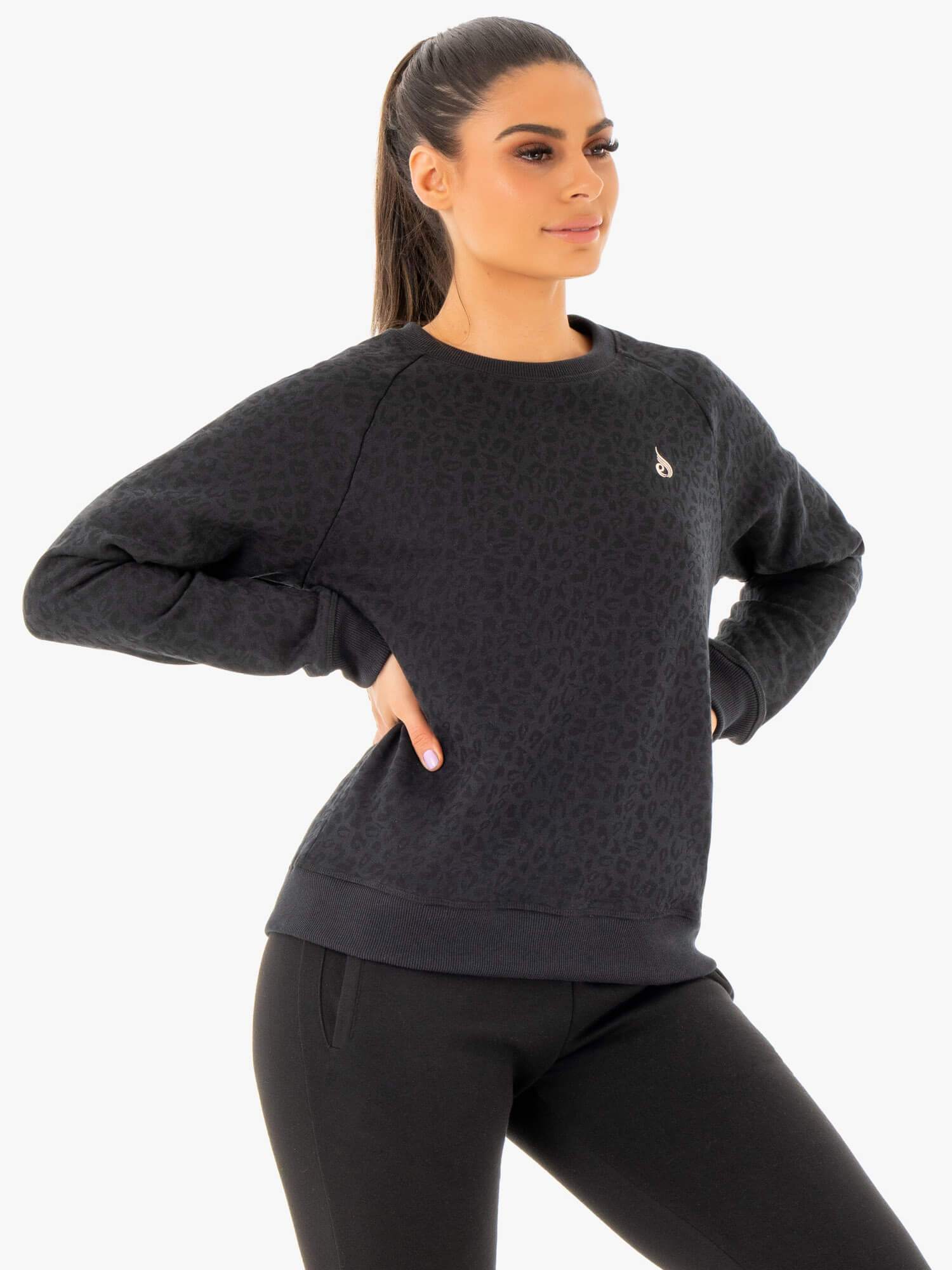 Stylish Black Leopard Boyfriend Sweater for Women - Cozy Oversized Knit Pullover for Casual Outings, Date Nights & Fall Fashion