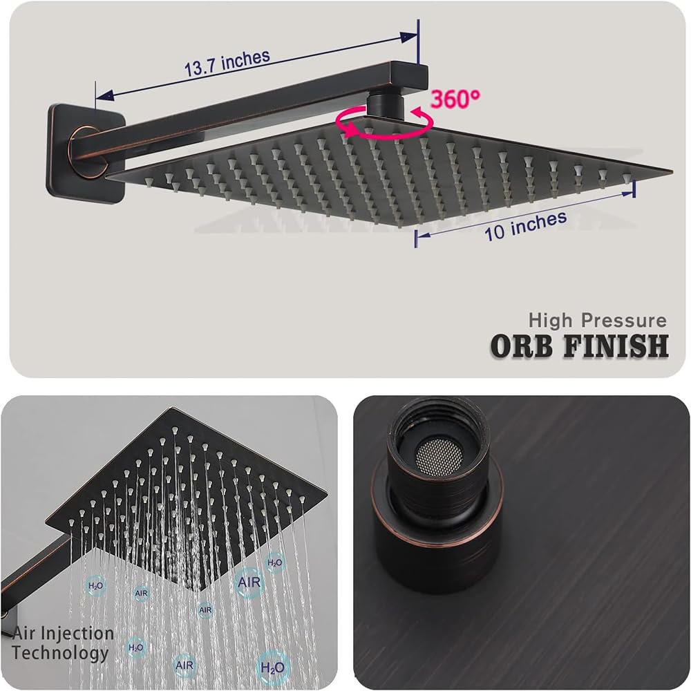 Oil Rubbed Bronze Rain Shower Faucet Set - 10 Inch Square Shower Head with Handheld & Waterfall Spray - All Metal Shower System with Valve Trim Repair Kit - Perfect for Bathroom Renovation & Luxury Spa Experience