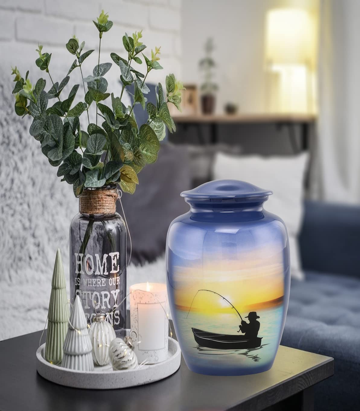 Hand-Painted Fishing Cremation Urn for Ashes - Memorial Urn for Fishermen - Large Handmade Funeral Urn with Velvet Bag - Perfect for Home Memorials, Cemetery Burials & Ash Storage - Ideal Gift for Fishing Enthusiasts