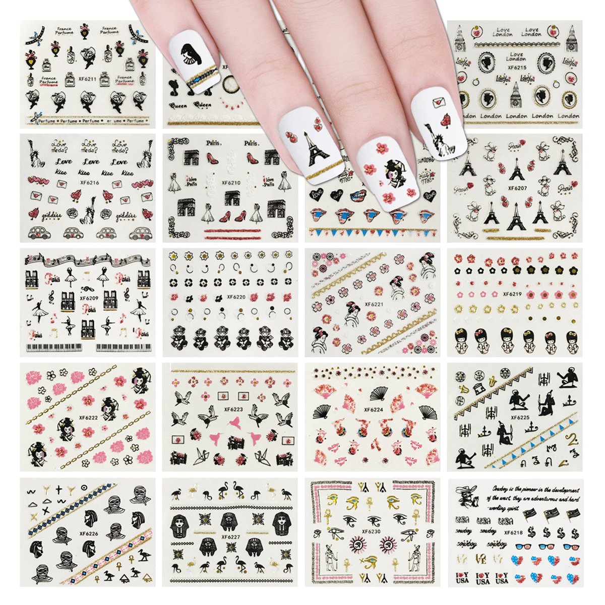 ALLYDREW 24 Sheets Waterproof Nail Stickers - Globe Trotter Nail Art Decals with Paris & Patriotic Designs for Women | Perfect for Travel, Vacation & Special Occasions