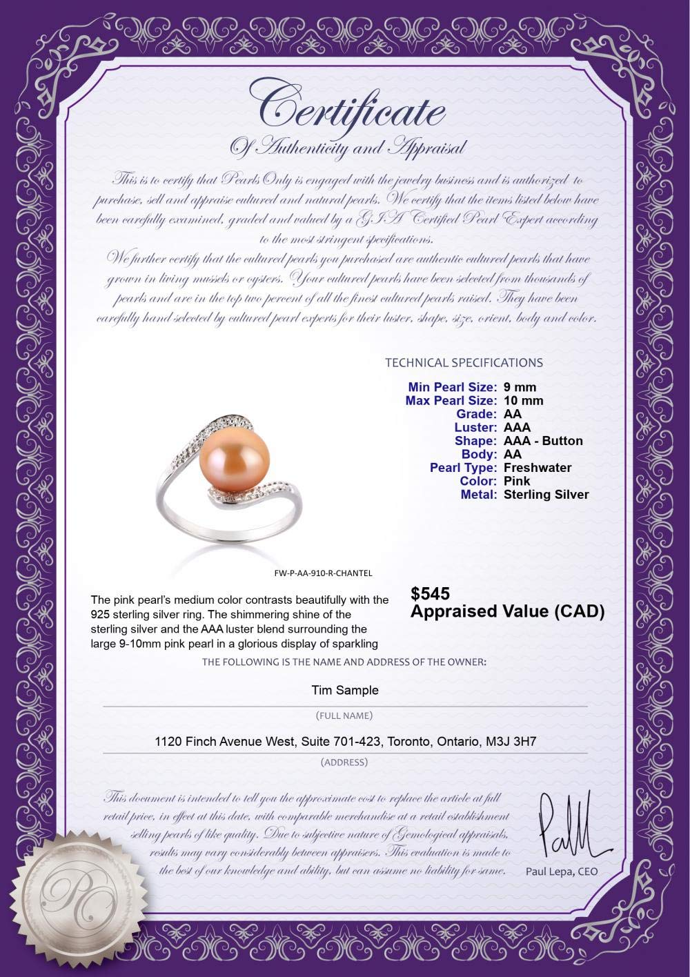 9-10mm AA Quality Chantel Pink Freshwater Cultured Pearl Ring in 925 Sterling Silver for Women - Perfect for Weddings, Anniversaries & Special Occasions