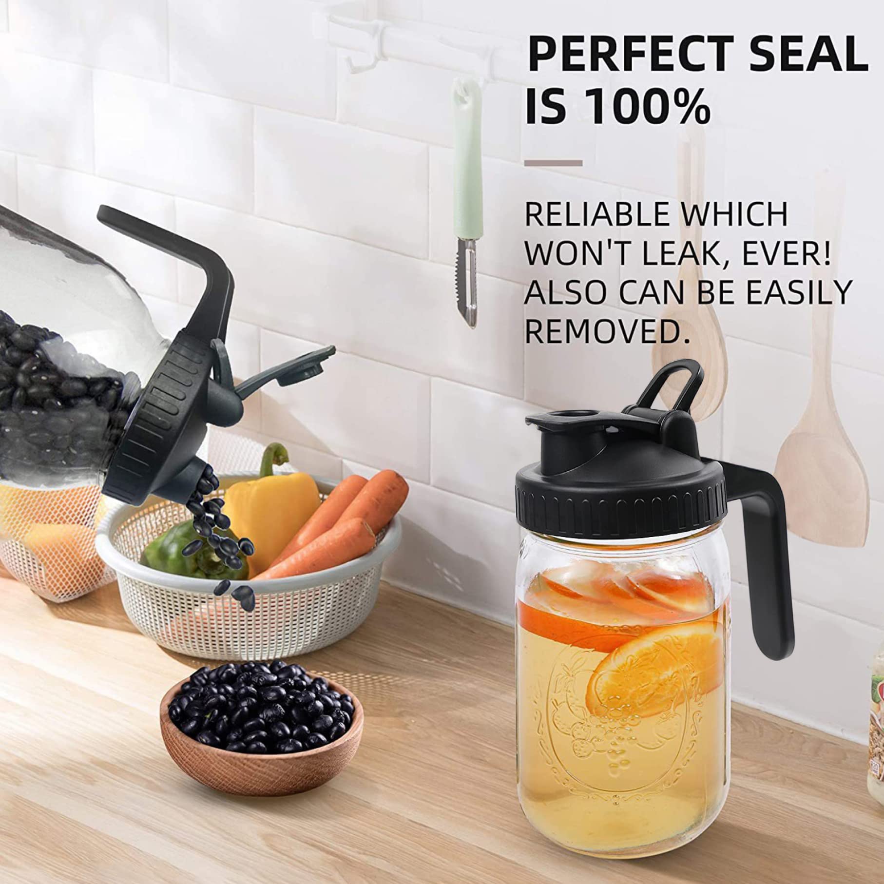 4PCS Wide Mouth Mason Jar Pour Spout Lids with Handle - Reusable Plastic Flip Cap Lid, Leak-Proof Airtight Seal - Black (Jar Not Included) - Perfect for Coffee, Tea, Juice Storage & DIY Crafts