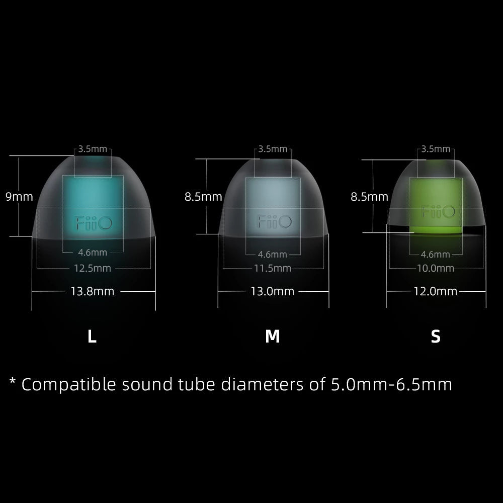FiiO HS18 0.4mm Thick Silicone Eartips - 6 Pairs for 5.0mm-6.5mm Nozzle Earphones - Perfect for Music Lovers, Audiophiles and Comfortable All-Day Wear