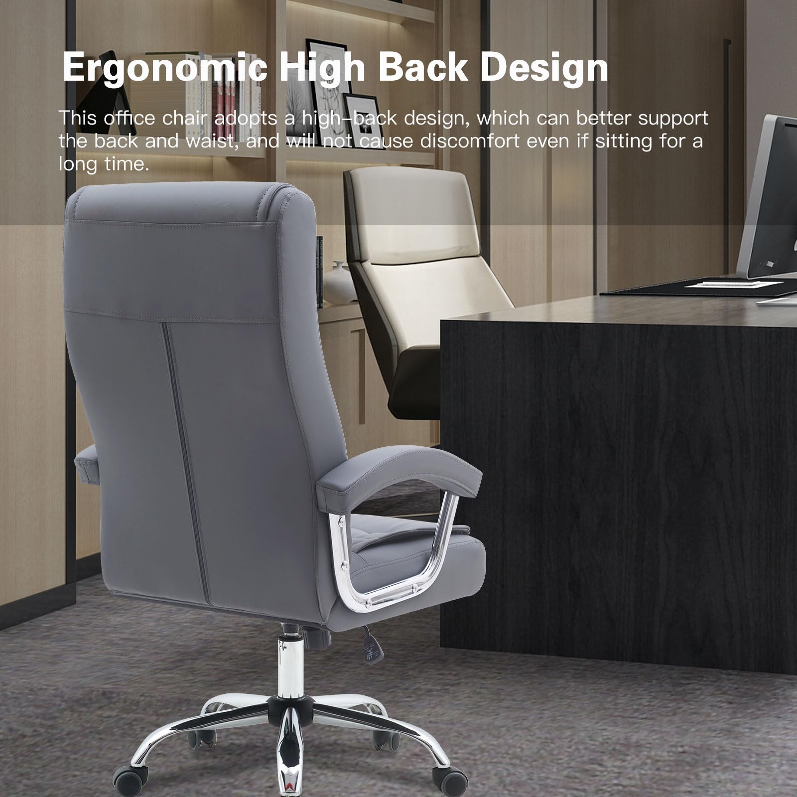 Premium Adjustable High Back Executive Office Chair - Ergonomic Leather Swivel Desk Chair with Padded Armrests & Spring Seat - Supports 350lbs - Home Office Computer Task Chair (Gray) - Perfect for Long Work Hours, Video Conferencing & Remote Work Comfort
