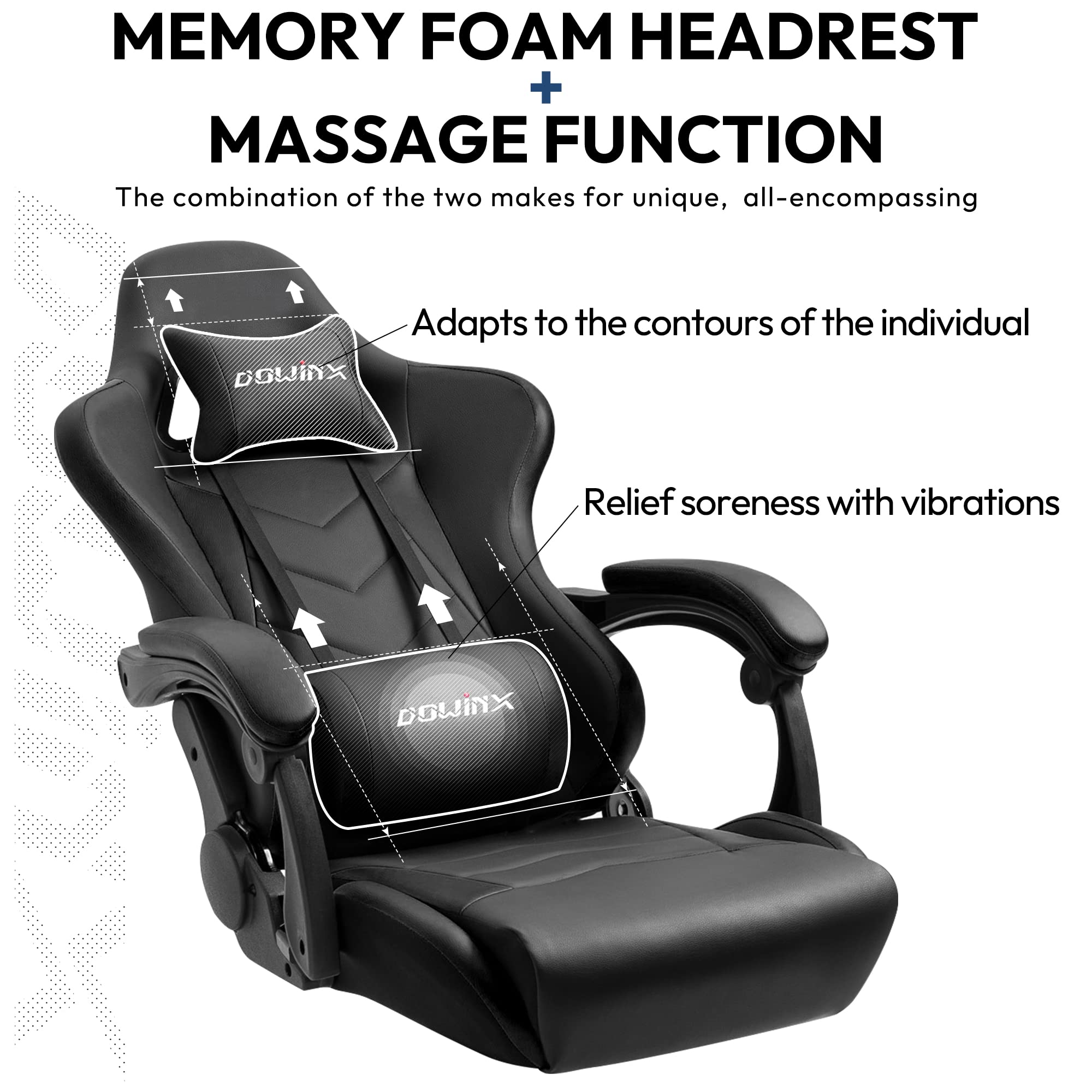 Dowinx Ergonomic Gaming Chair with Massage Lumbar Support & Footrest - Racing Style PU Leather Office Computer Chair for Esports Gamers (Black) | Perfect for Gaming Setup, Home Office & Streaming Studio