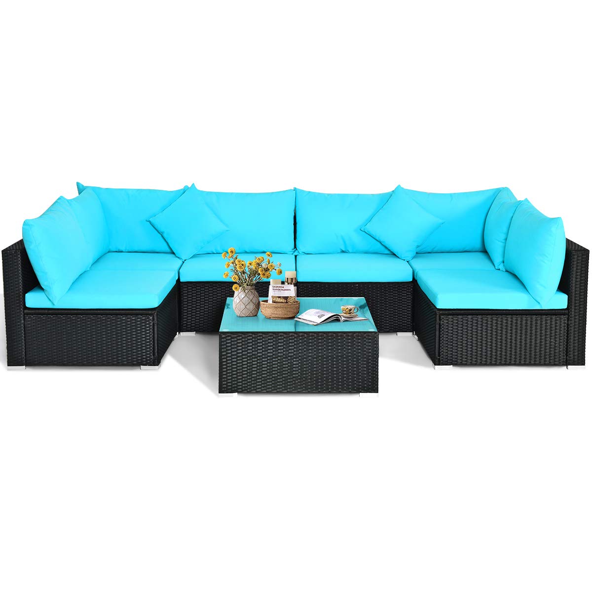 Happygrill 7-Pc Outdoor Rattan Sofa Set with Cushions & Table - Perfect for Garden & Patio