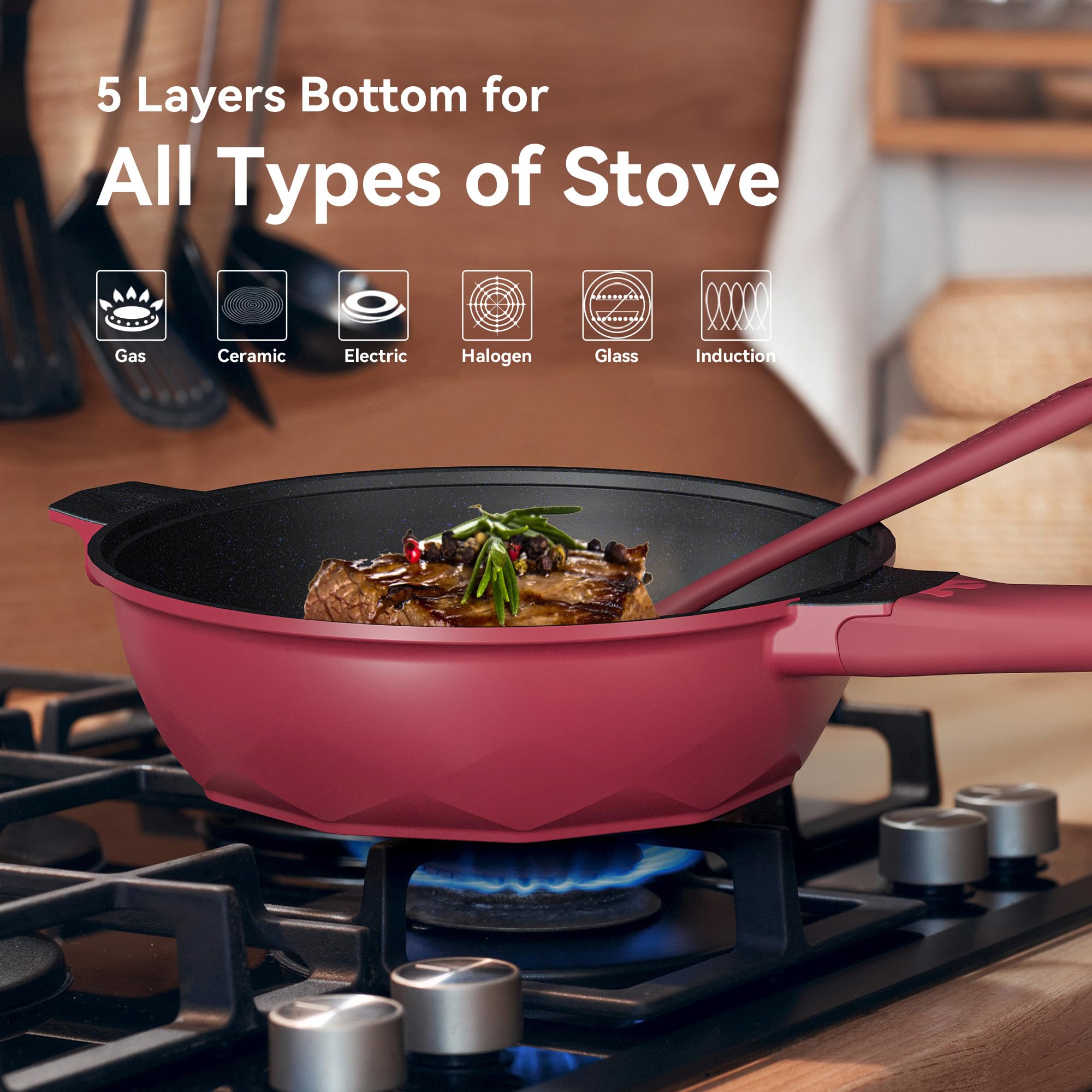 TIBORANG 8-in-1 Nonstick Deep Fry Pan with Glass Lid - 11 Inch 5 Quart Multi-Purpose Cookware with Heat Indicator, Stay-Cool Handle & Steamer Rack - PFOA-Free, Dishwasher & Oven Safe - Works with All Stovetops (Ruby Red) - Perfect for Frying, Steaming, Sautéing & Baking