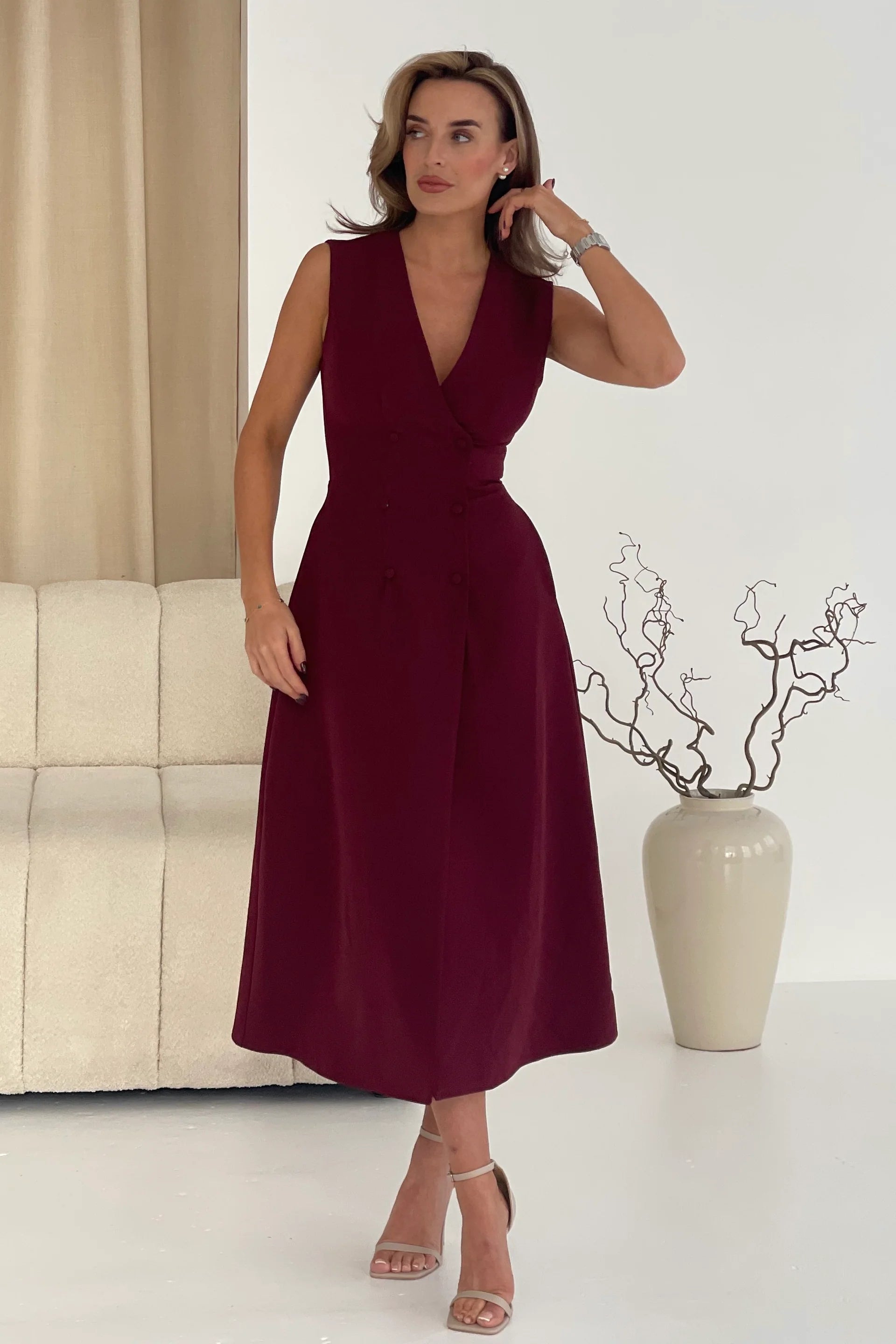 Elegant Hazel Tailored Sleeveless Midi Dress in Wine Red - Perfect for Summer Weddings, Cocktail Parties & Office Wear