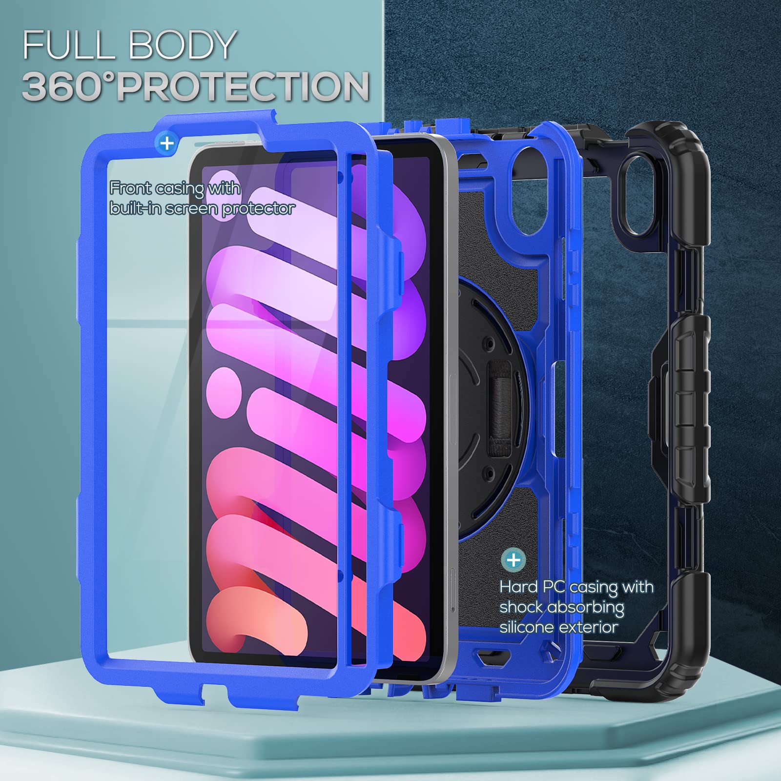Timecity Protective Case for iPad Mini 7 (A17 Pro) 2024 & iPad Mini 6 2021 8.3 Inch - Shockproof Full-Body Cover with Built-in Screen Protector, Pencil Holder, Rotating Stand & Hand Strap - Perfect for Work, Travel and Daily Use - Dark Blue