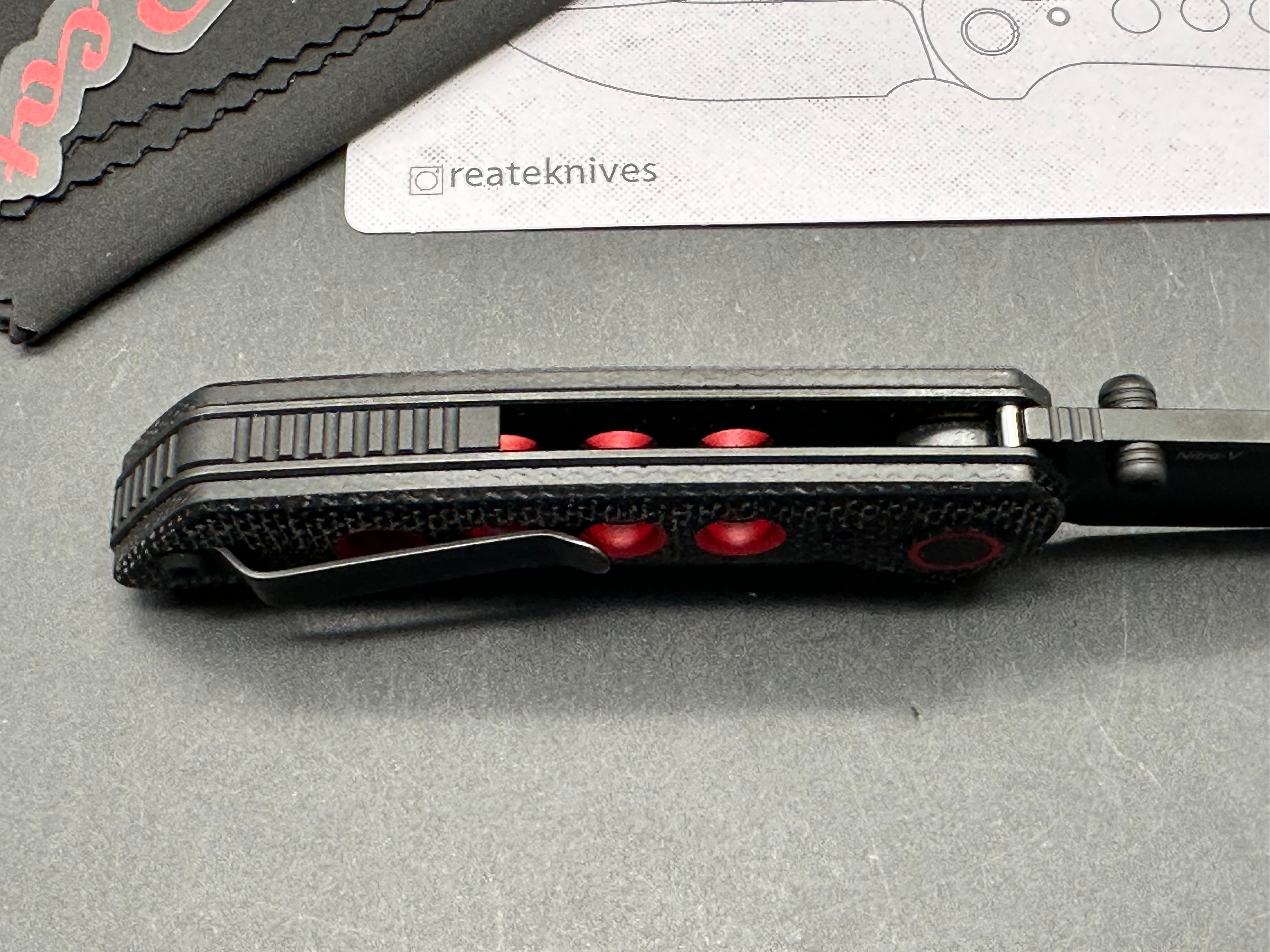 Reate PL XT Folding Knife - Black Micarta Handle with Red Inlay, Black PVD Coated Blade - EDC Pocket Knife for Outdoor Camping, Hiking & Everyday Carry