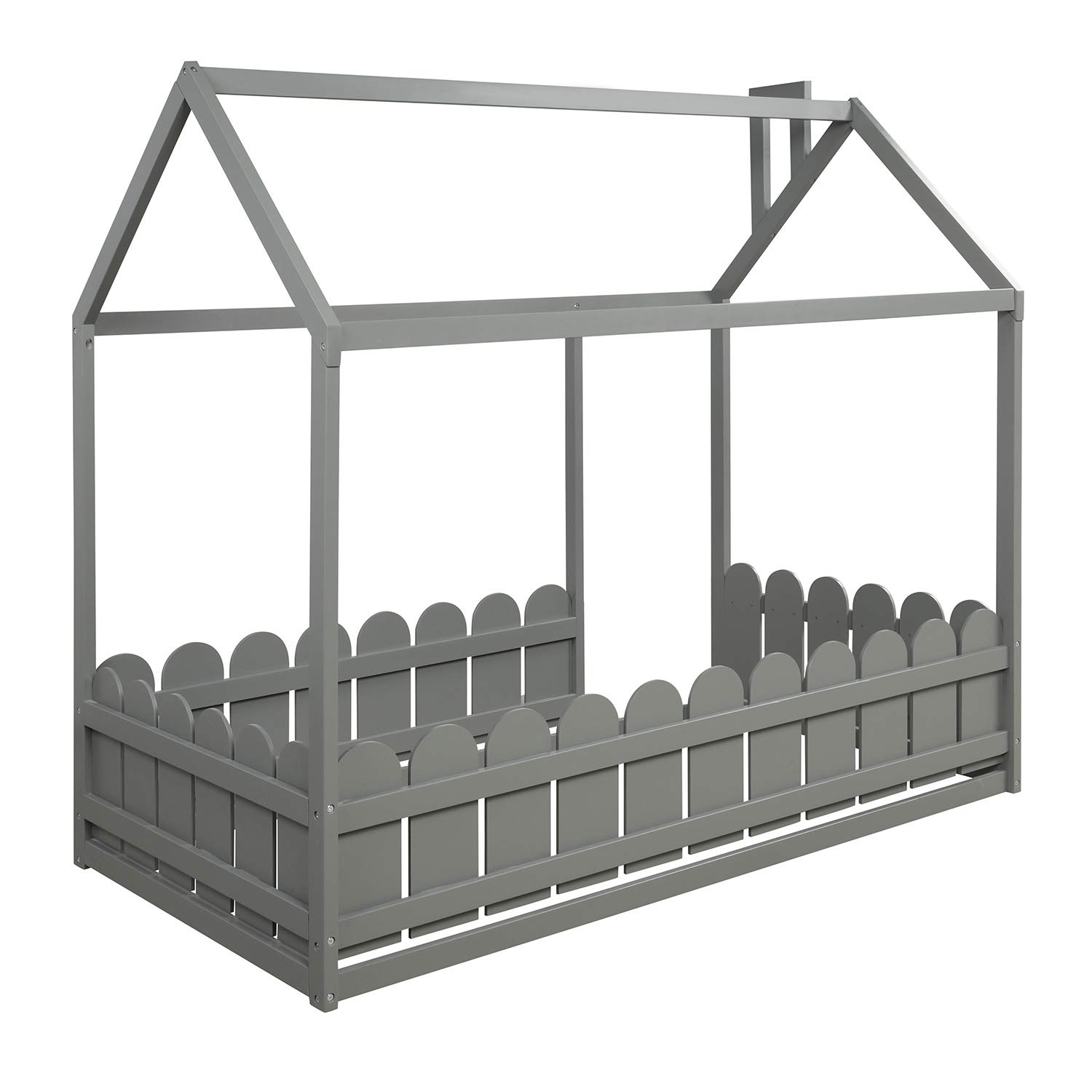 Premium Wooden Twin Size Toddler House Bed Frame - Kids Tent Bed & Floor Bed for Boys & Girls (Grey) | Safe & Sturdy Montessori Bedroom Furniture for Playtime & Sleep