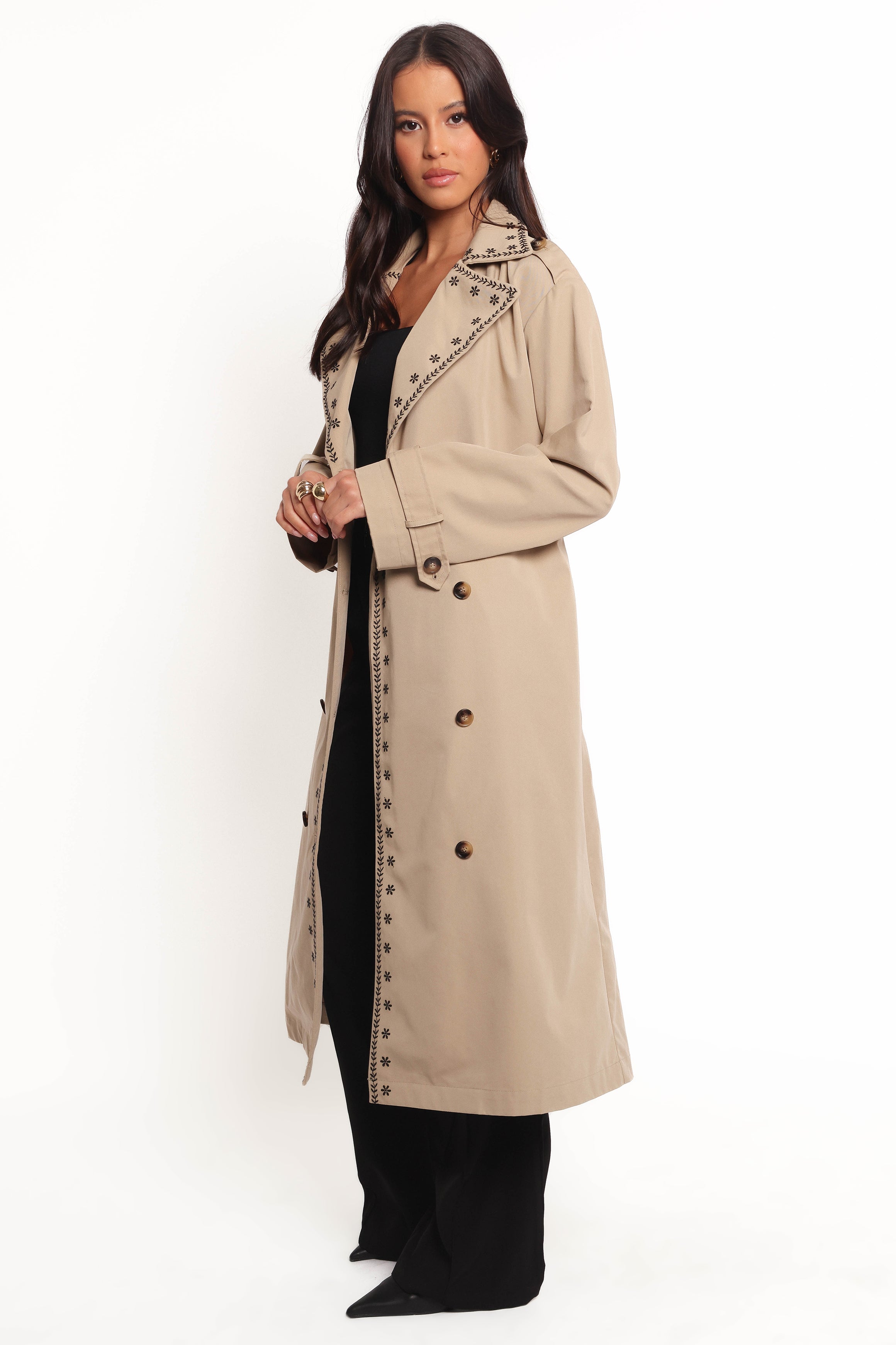 Grayson Embroidered Trim Trench Coat for Women - Classic Taupe Waterproof Long Coat - Perfect for Fall Winter Fashion, Office Wear & Outdoor Activities